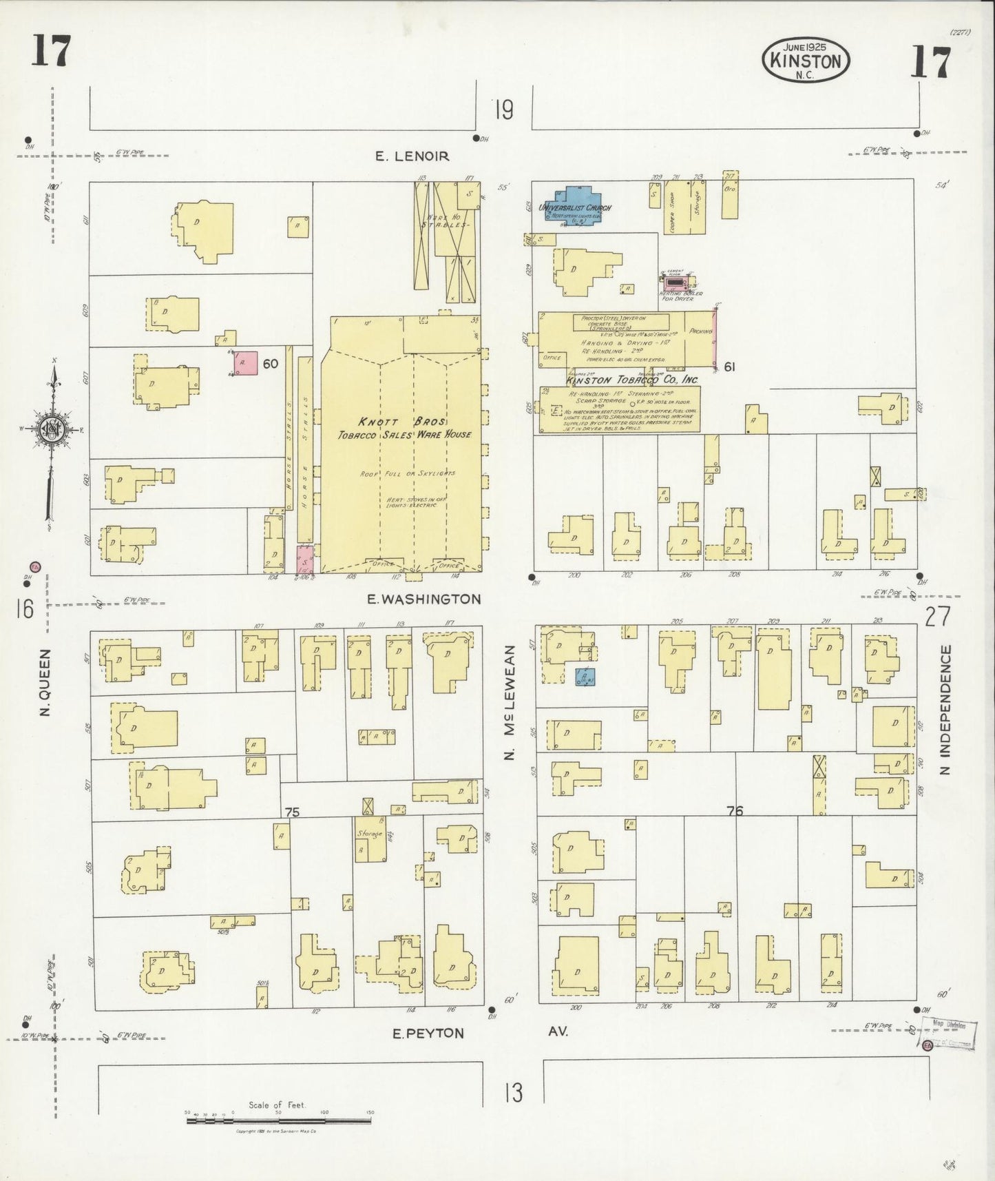 Sanborn Fire Insurance Map from Kinston, Lenoir County, North Carolina (1925), Sheet #0017 - Historic Sanborn Fire Insurance Map Print, vintage old map wall art, antique decor, genealogy gift, North Carolina North Carolina map
