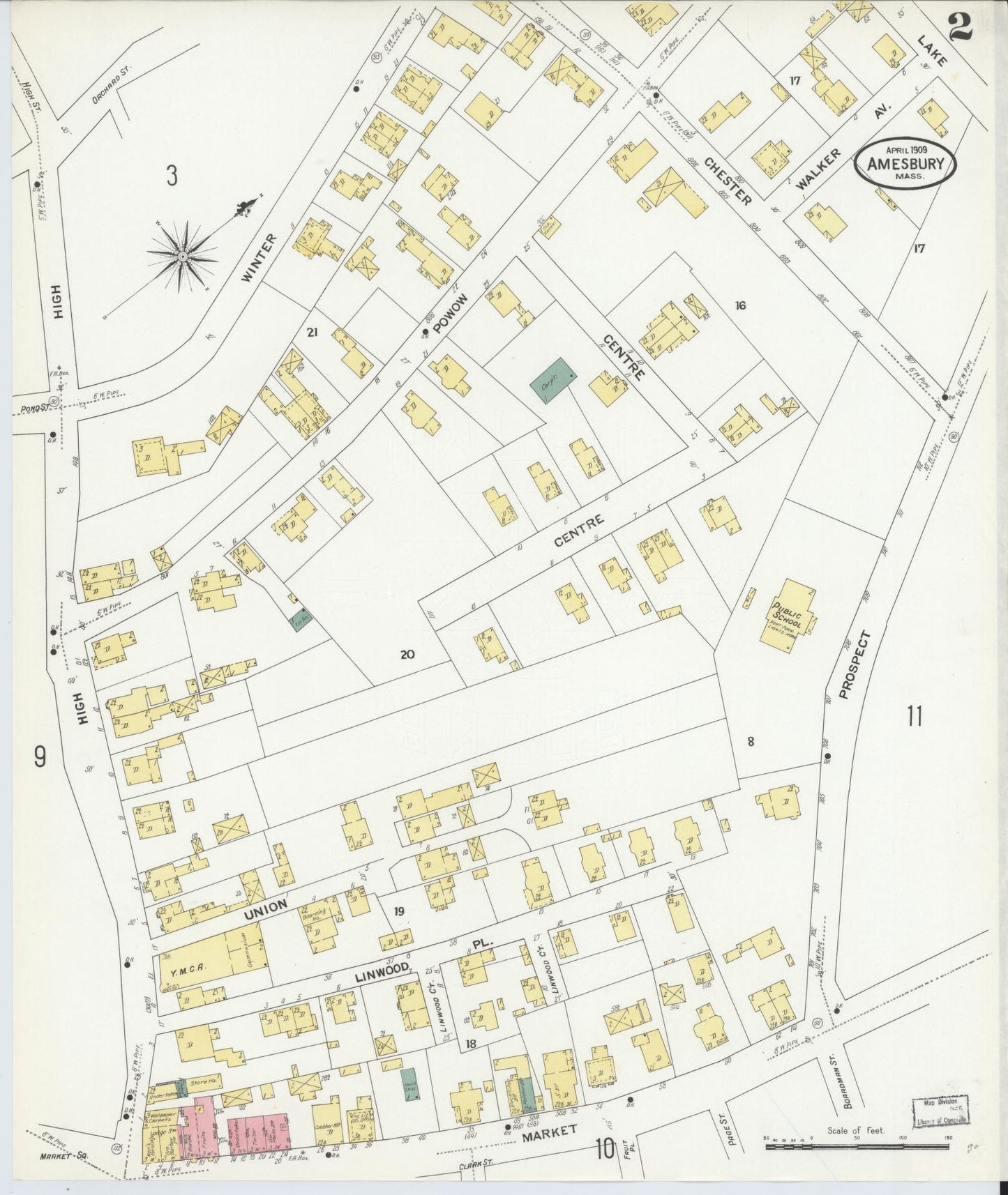 Sanborn Fire Insurance Map from Amesbury, Essex County, Massachusetts (1909), Sheet #0002 - Historic Sanborn Fire Insurance Map Print, vintage old map wall art, antique decor, genealogy gift, Massachusetts Massachusetts map