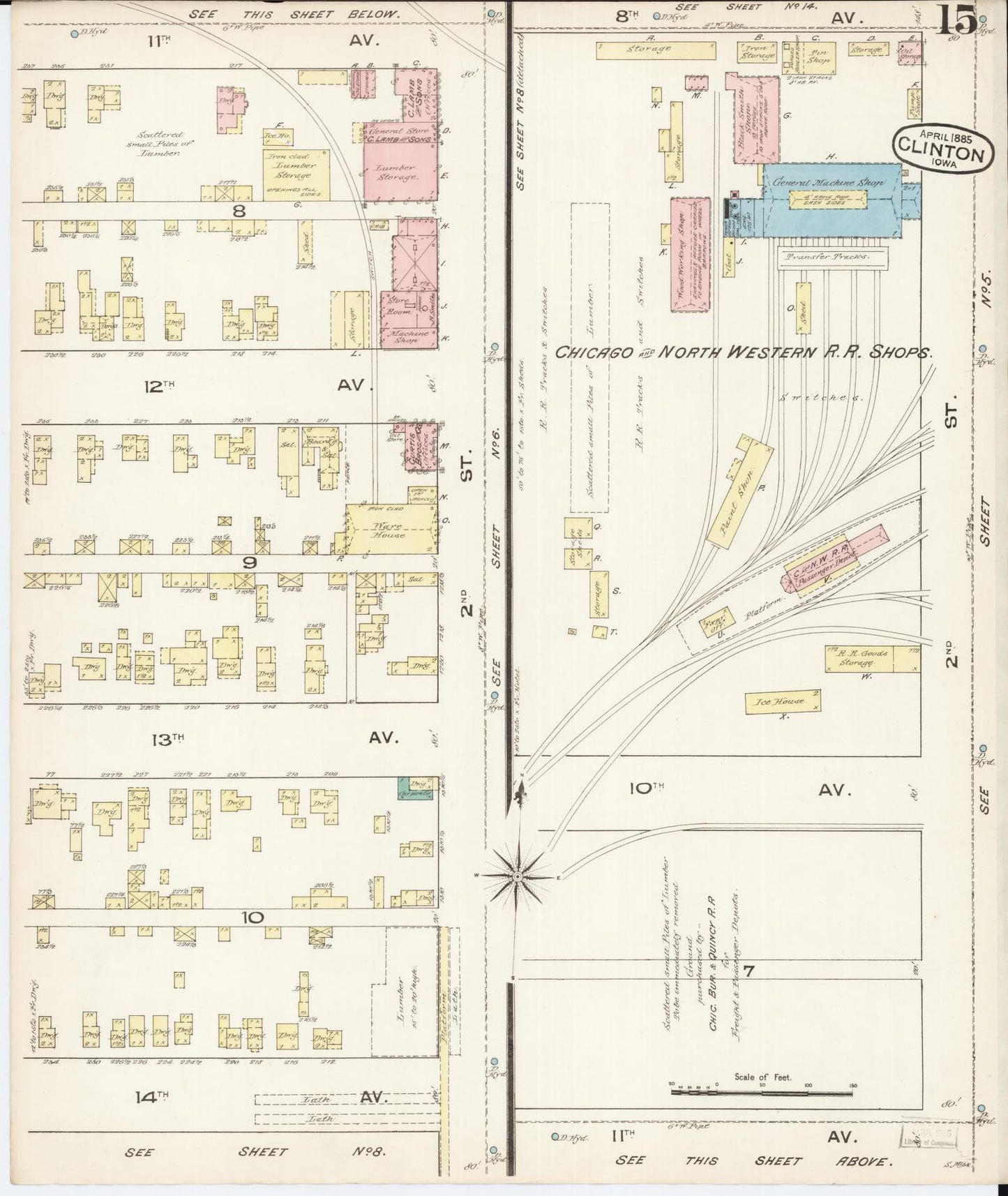 Sanborn Fire Insurance Map from Clinton, Clinton County, Iowa (1885), Sheet #0015 - Historic Sanborn Fire Insurance Map Print, vintage old map wall art
