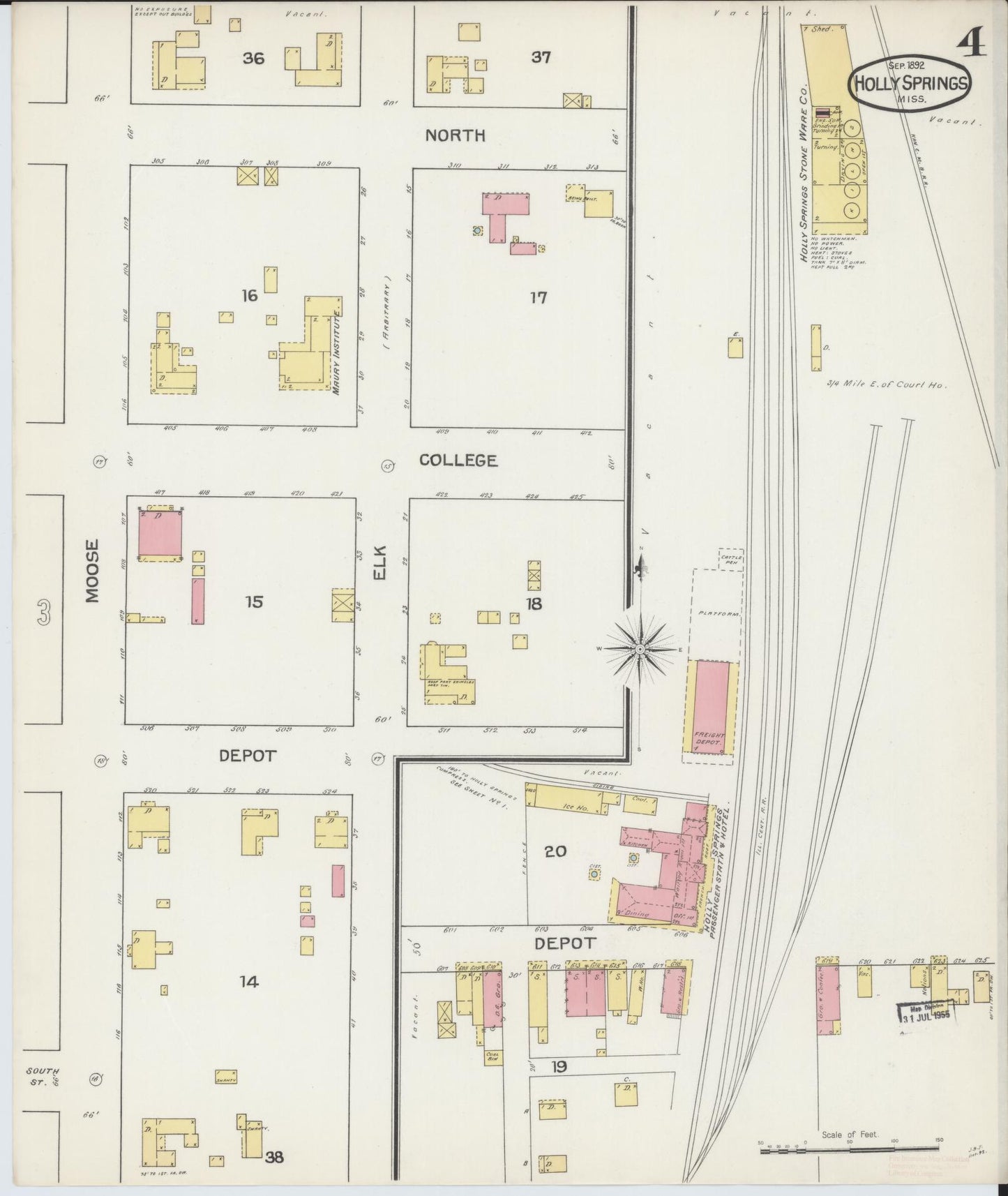 Sanborn Fire Insurance Map from Holly Springs, Marshall County, Mississippi (1892), Sheet #0004 - Historic Sanborn Fire Insurance Map Print, vintage old map wall art, antique decor, genealogy gift, Mississippi Mississippi map
