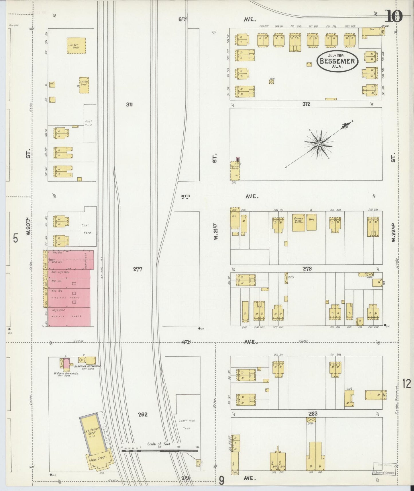 Sanborn Fire Insurance Map from Bessemer, Jefferson County, Alabama (1904), Sheet #0010 - Historic Sanborn Fire Insurance Map Print, vintage old map wall art, antique decor, genealogy gift, Alabama Alabama map