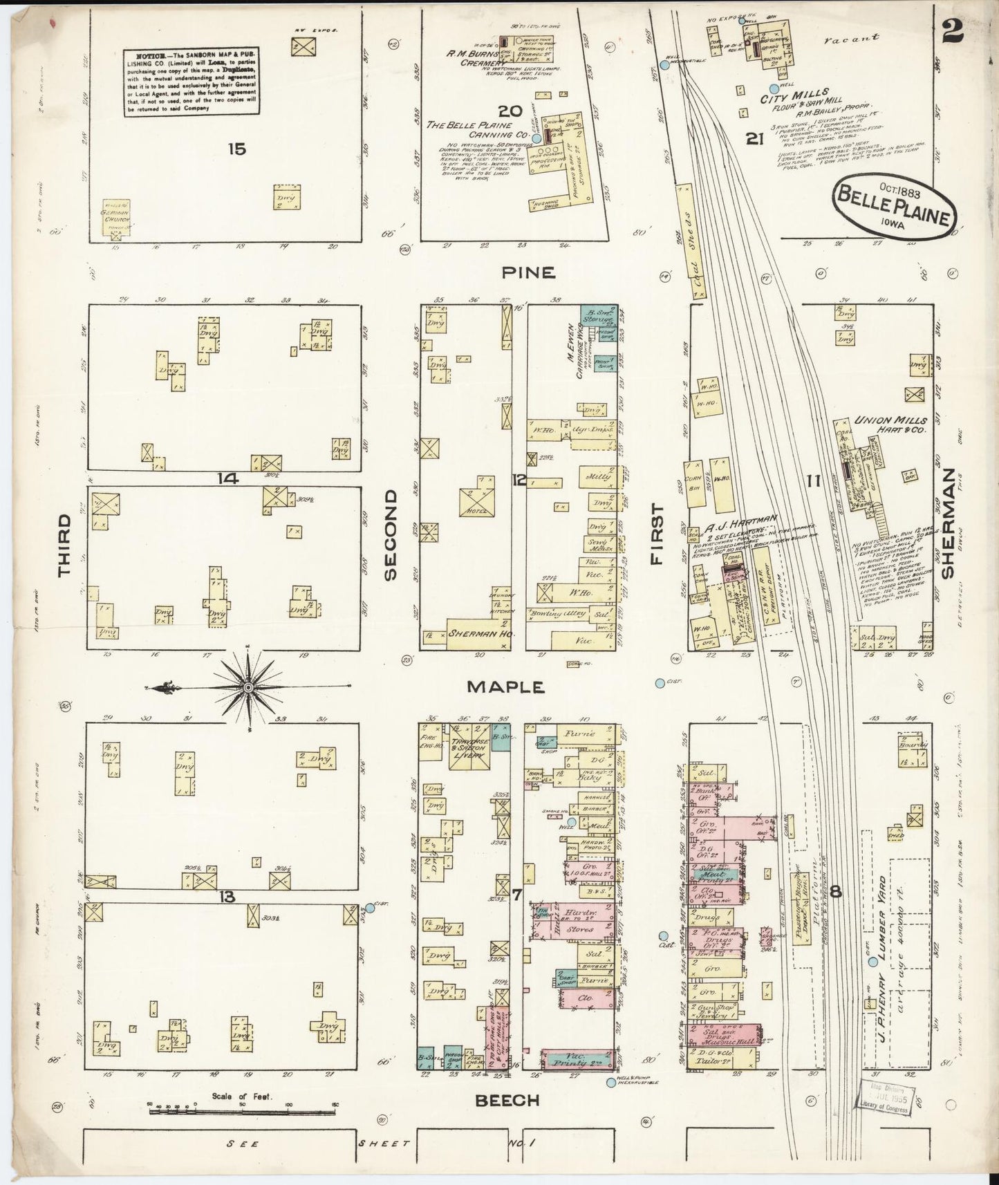 Sanborn Fire Insurance Map from Belle Plaine, Benton County, Iowa (1883), Sheet #0002 - Historic Sanborn Fire Insurance Map Print, vintage old map wall art