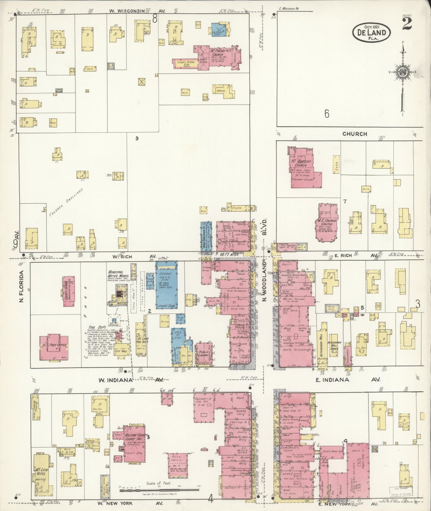 Sanborn Fire Insurance Map from De Land, Volusia County, Florida (1921), Sheet #0002 - Historic Sanborn Fire Insurance Map Print, vintage old map wall art, antique decor, genealogy gift, Florida Florida map