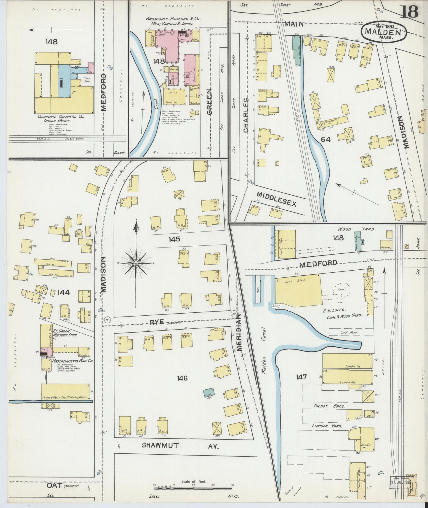 Sanborn Fire Insurance Map from Malden, Middlesex County, Massachusetts (1892), Sheet #0018 - Historic Sanborn Fire Insurance Map Print, vintage old map wall art, antique decor, genealogy gift, Massachusetts Massachusetts map