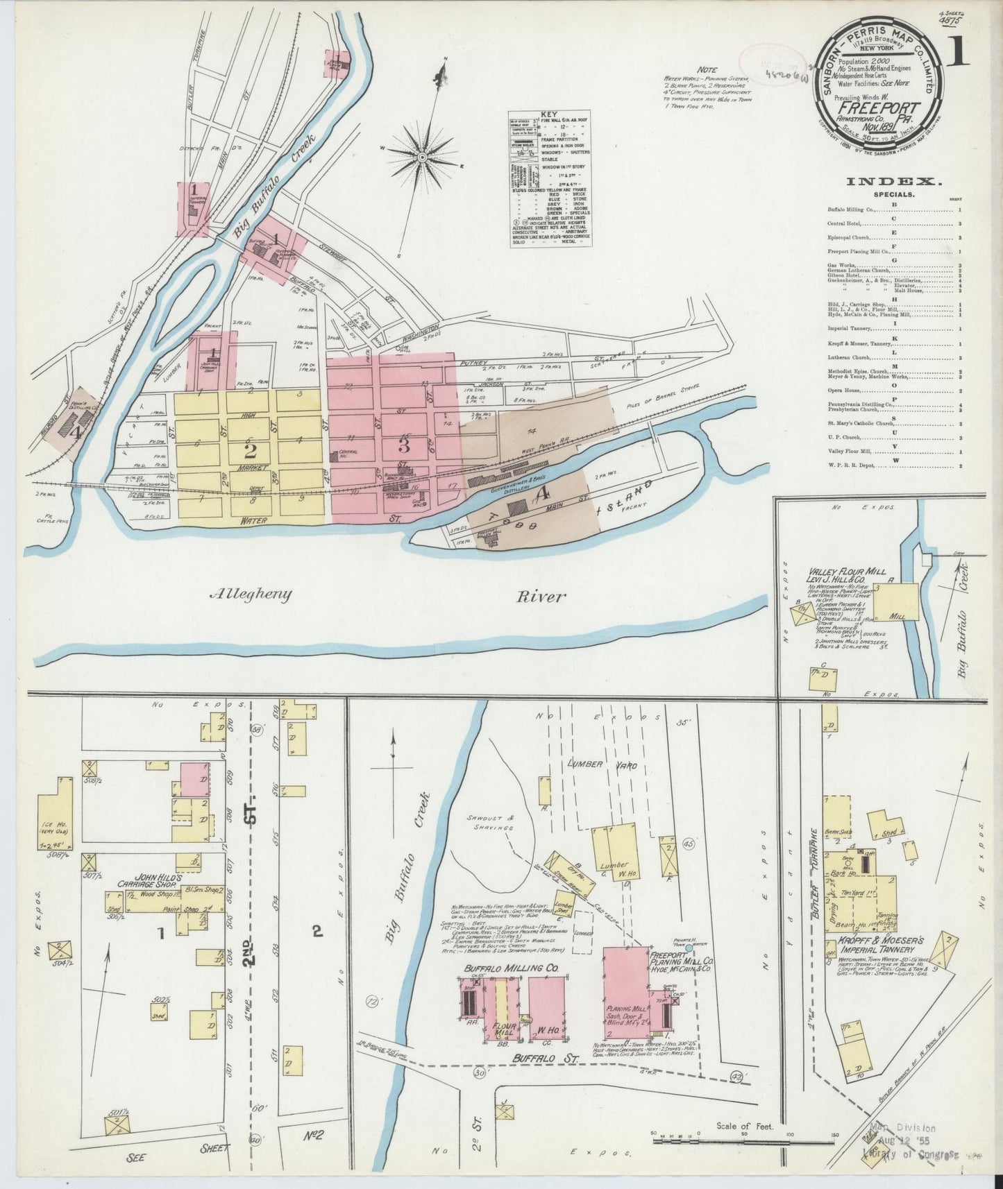 Sanborn Fire Insurance Map from Freeport, Armstrong County, Pennsylvania (1891), Sheet #0001 - Historic Sanborn Fire Insurance Map Print, vintage old map wall art, antique decor, genealogy gift, Pennsylvania Pennsylvania map