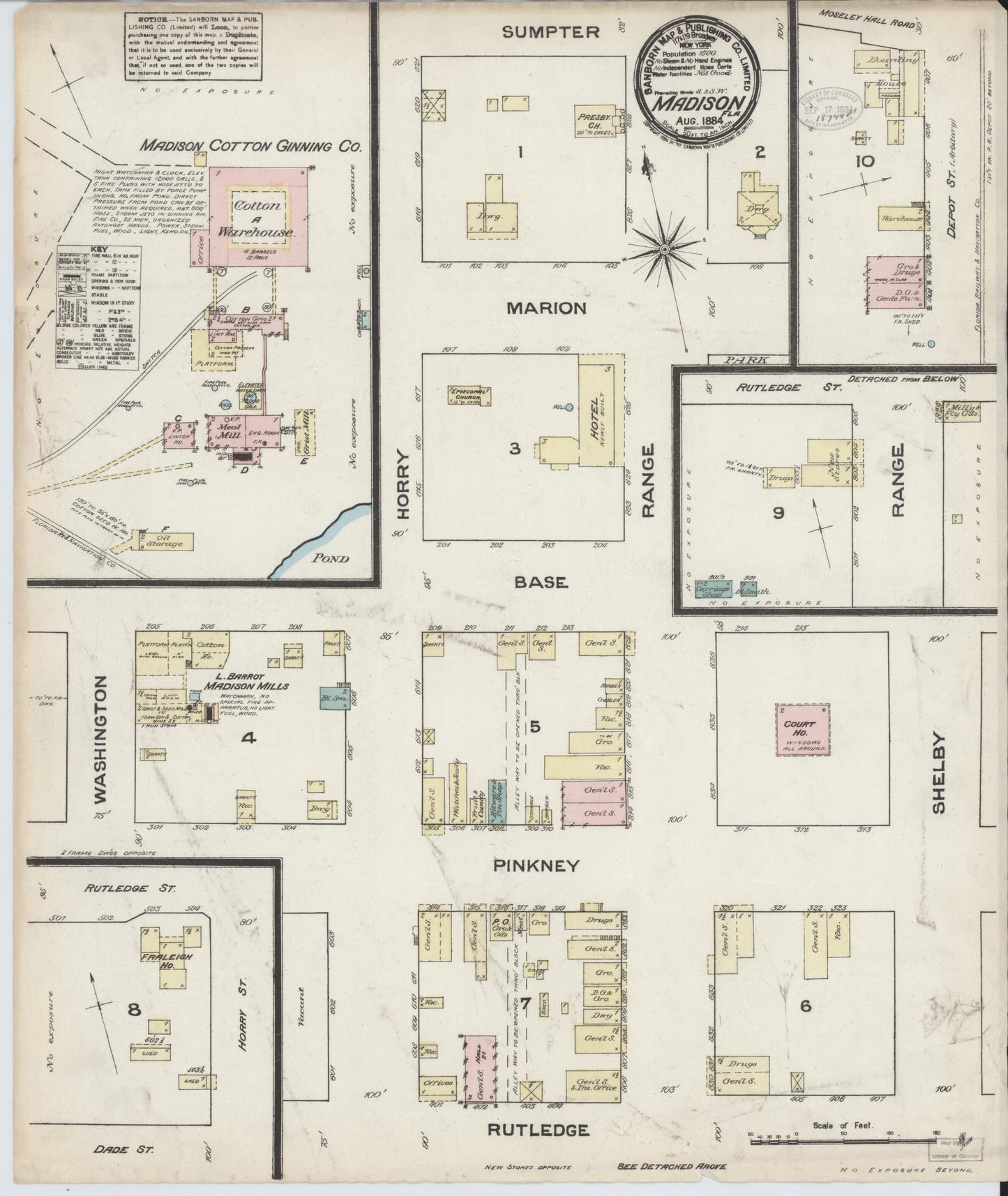 Sanborn Fire Insurance Map from Madison, Madison County, Florida (1884), Sheet #0001 - Historic Sanborn Fire Insurance Map Print, vintage old map wall art, antique decor, genealogy gift, Florida Florida map