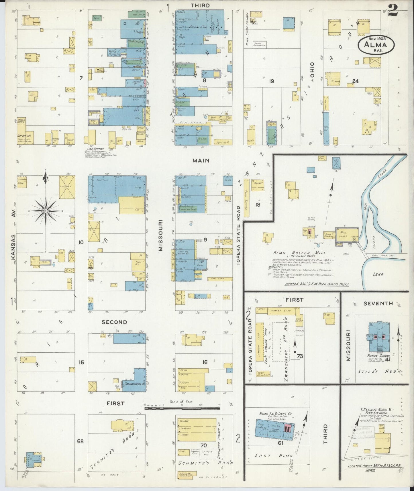 Sanborn Fire Insurance Map from Alma, Wabaunsee County, Kansas (1908), Sheet #0002 - Complete Map Set gallery image, historic Sanborn map, vintage wall art, Kansas Kansas