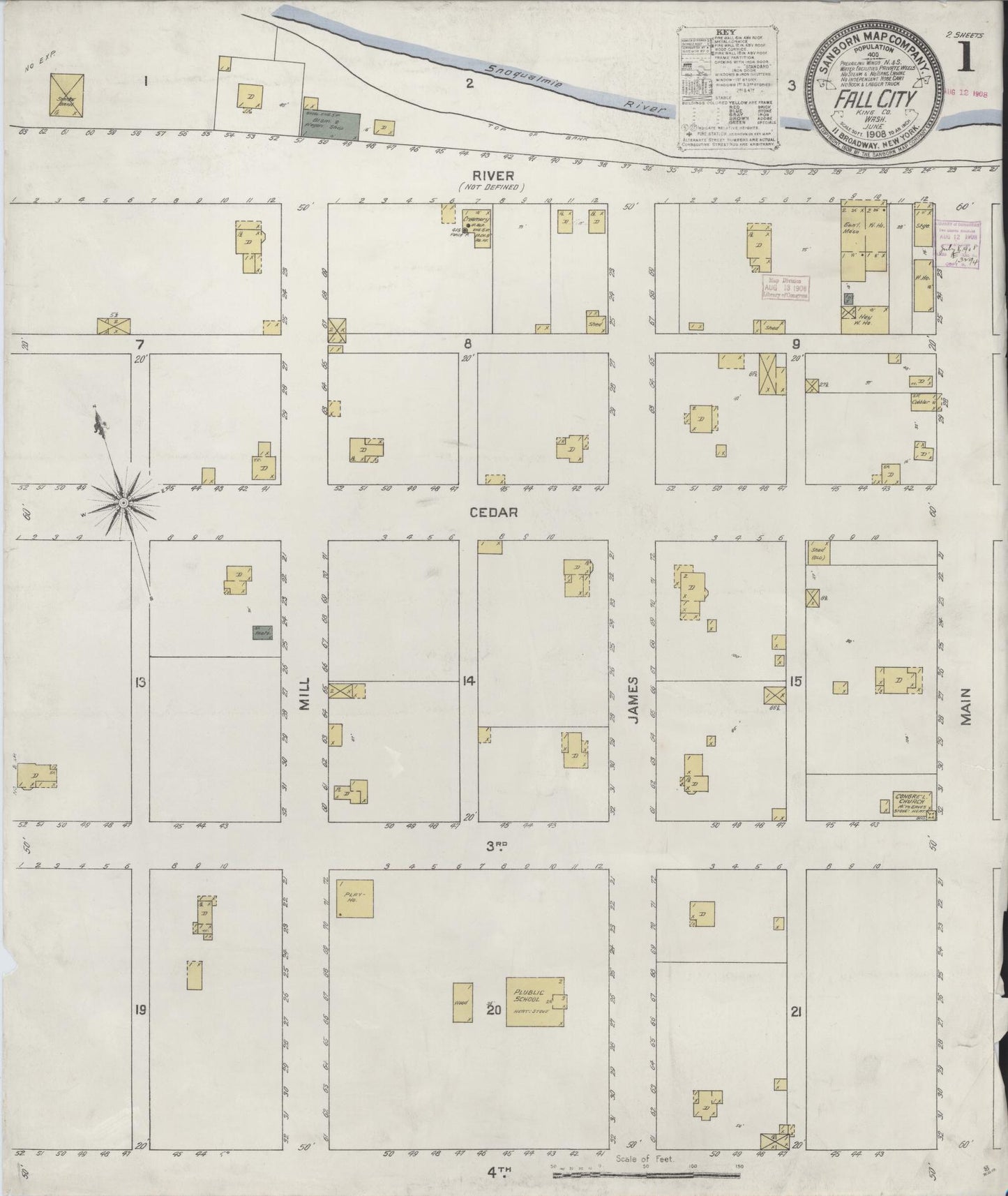 Sanborn Fire Insurance Map from Fall City, King County, Washington (1908), Sheet #0001 - Historic Sanborn Fire Insurance Map Print, vintage old map wall art, antique decor, genealogy gift, Washington Washington map