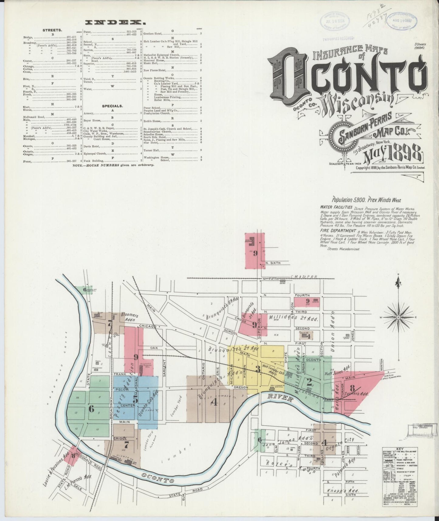 Sanborn Fire Insurance Map from Oconto, Oconto County, Wisconsin (1898), Sheet #0001 - Historic Sanborn Fire Insurance Map Print, vintage old map wall art, antique decor, genealogy gift, Wisconsin Wisconsin map