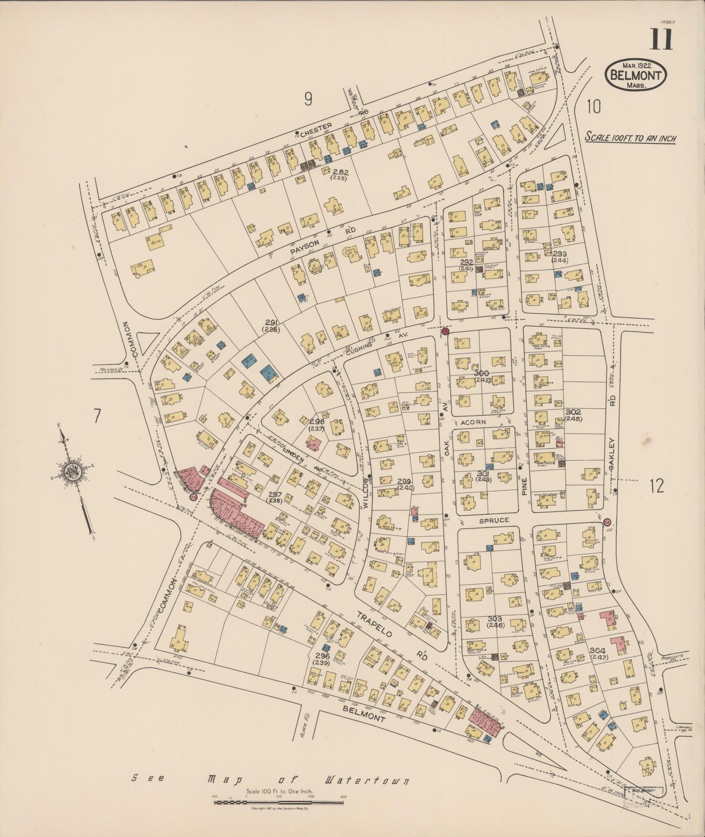 Sanborn Fire Insurance Map from Belmont, Middlesex County, Massachusetts (1922), Sheet #0011 - Historic Sanborn Fire Insurance Map Print, vintage old map wall art, antique decor, genealogy gift, Massachusetts Massachusetts map