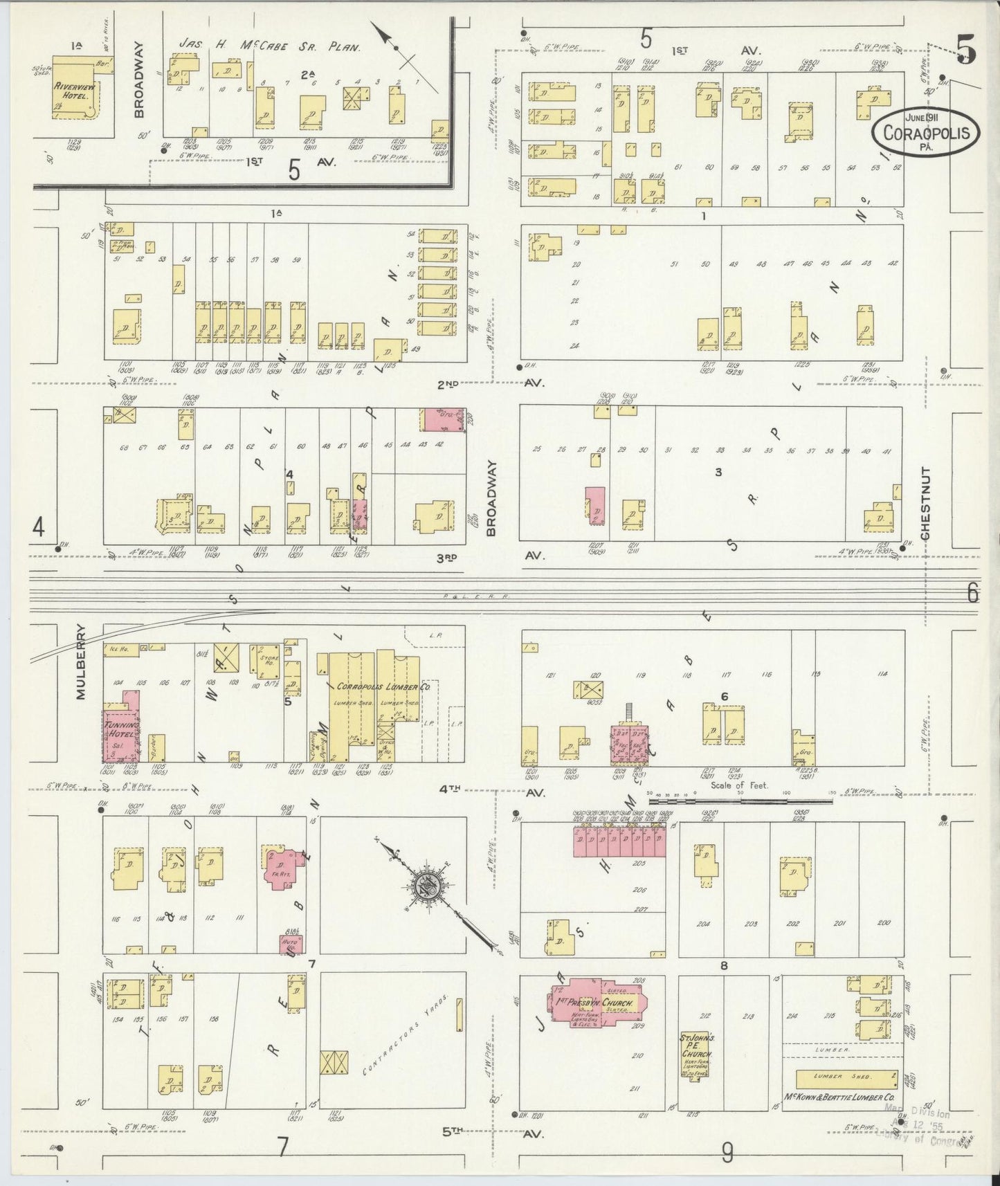 Sanborn Fire Insurance Map from Coraopolis, Allegheny County, Pennsylvania (1911), Sheet #0005 - Historic Sanborn Fire Insurance Map Print, vintage old map wall art, antique decor, genealogy gift, Pennsylvania Pennsylvania map