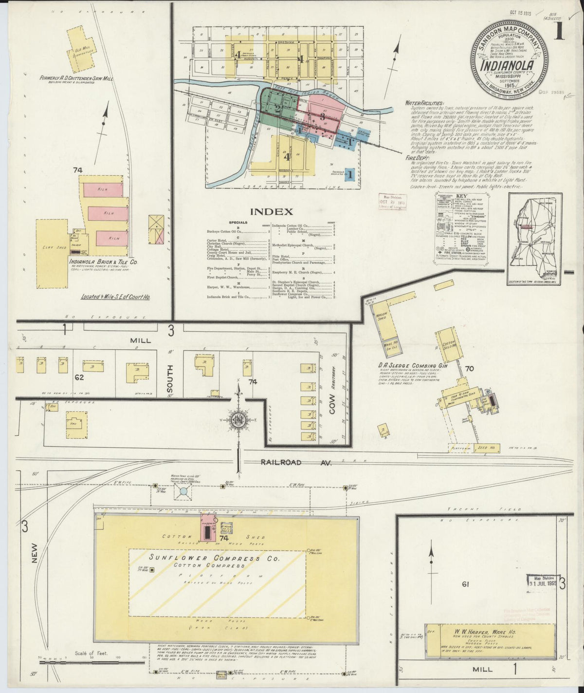 Sanborn Fire Insurance Map from Indianola, Sunflower County, Mississippi (1915), Sheet #0001 - Historic Sanborn Fire Insurance Map Print, vintage old map wall art, antique decor, genealogy gift, Mississippi Mississippi map