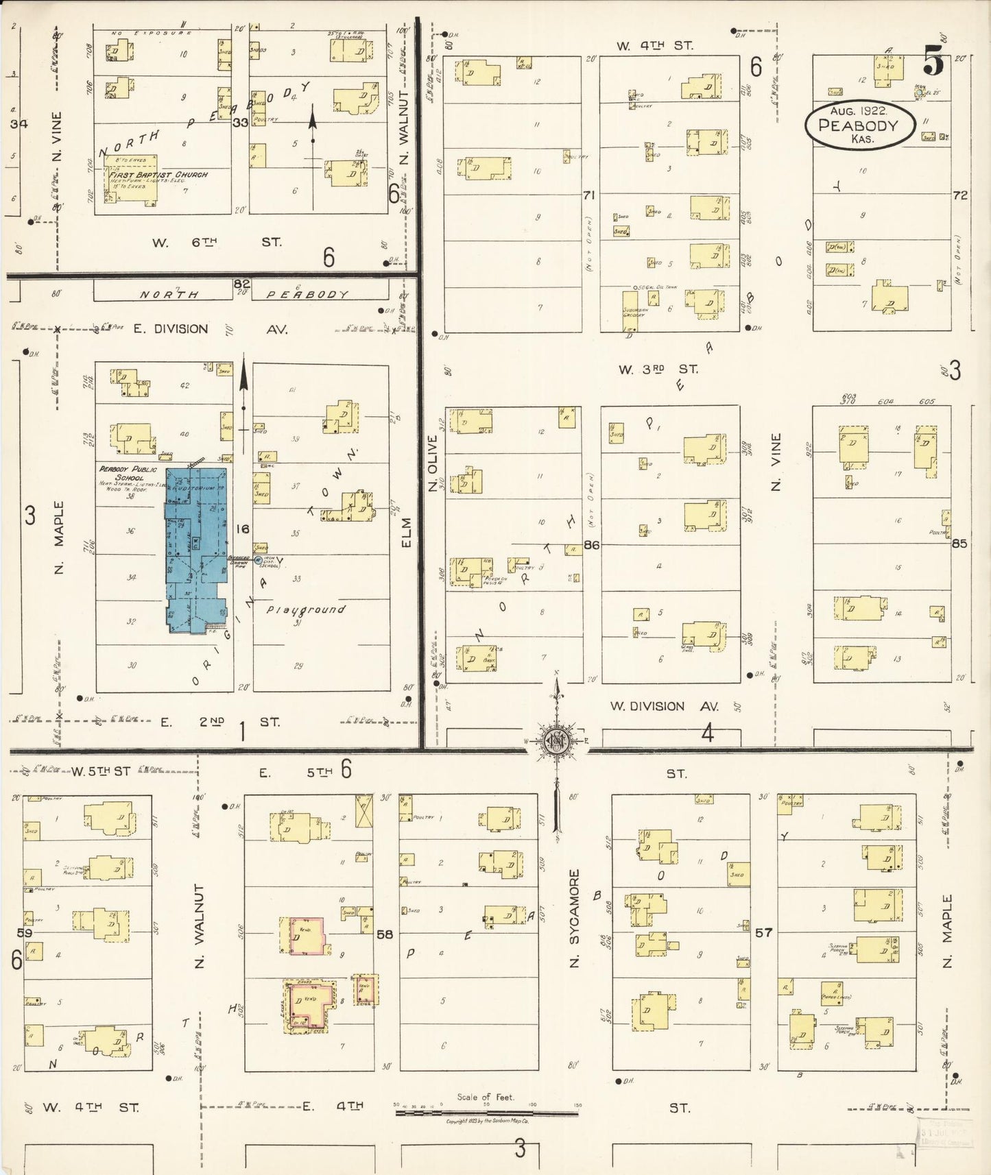 Sanborn Fire Insurance Map from Peabody, Marion County, Kansas (1922), Sheet #0005 - Historic Sanborn Fire Insurance Map Print, vintage old map wall art, antique decor, genealogy gift, Kansas Kansas map