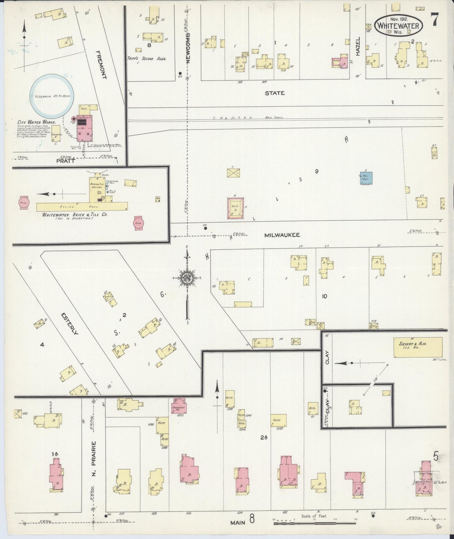 Sanborn Fire Insurance Map from Whitewater, Walworth County, Wisconsin (1912), Sheet #0007 - Historic Sanborn Fire Insurance Map Print, vintage old map wall art, antique decor, genealogy gift, Wisconsin Wisconsin map