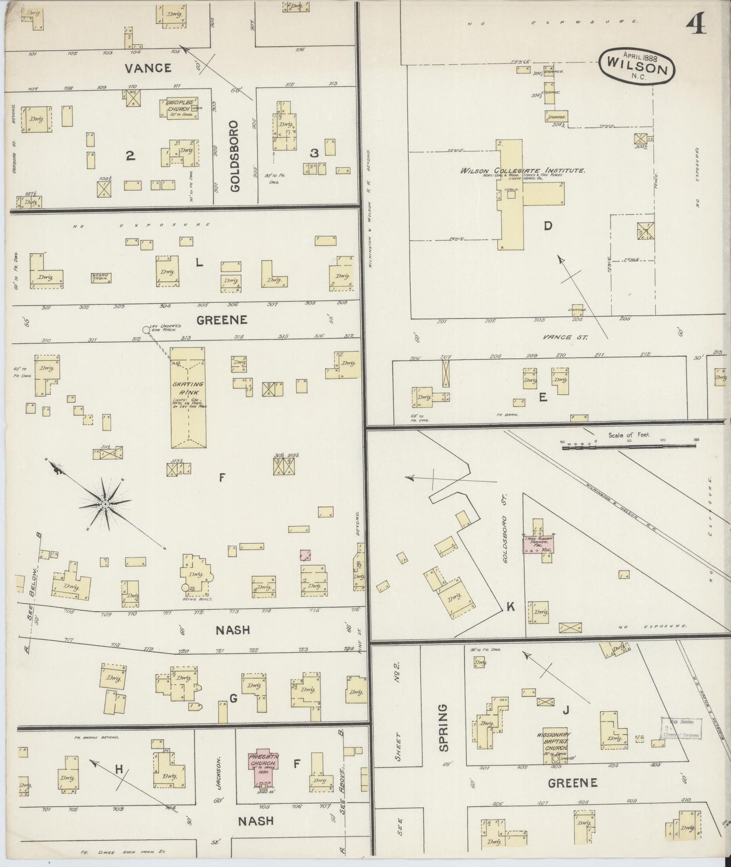 Sanborn Fire Insurance Map from Wilson, Wilson County, North Carolina (1888), Sheet #0004 - Historic Sanborn Fire Insurance Map Print, vintage old map wall art, antique decor, genealogy gift, North Carolina North Carolina map