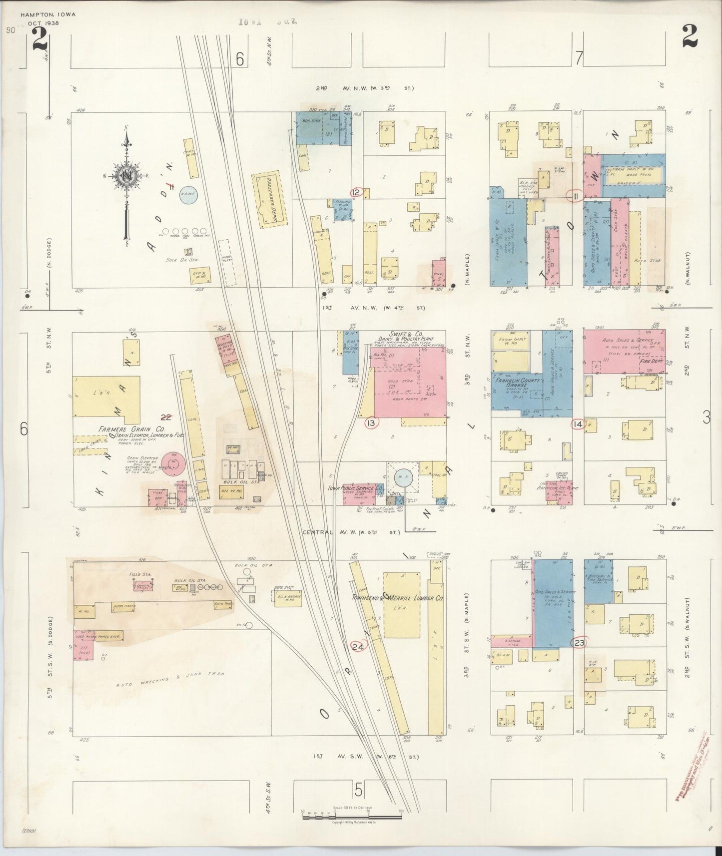 Sanborn Fire Insurance Map from Hampton, Franklin County, Iowa (1944), Sheet #0002 - Historic Sanborn Fire Insurance Map Print, vintage old map wall art