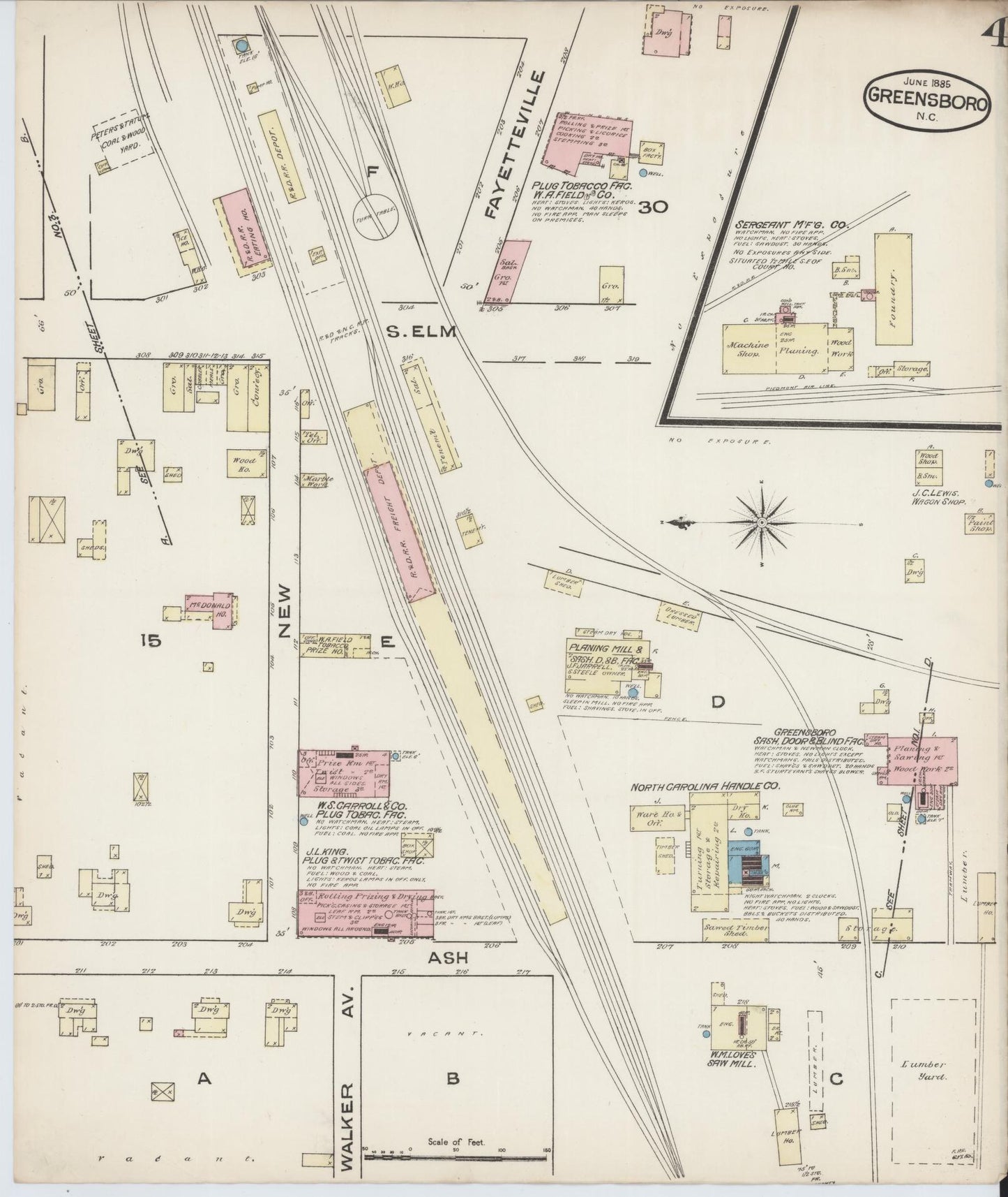 Sanborn Fire Insurance Map from Greensboro, Guilford County, North Carolina (1885), Sheet #0004 - Complete Map Set gallery image, historic Sanborn map, vintage wall art, North Carolina North Carolina
