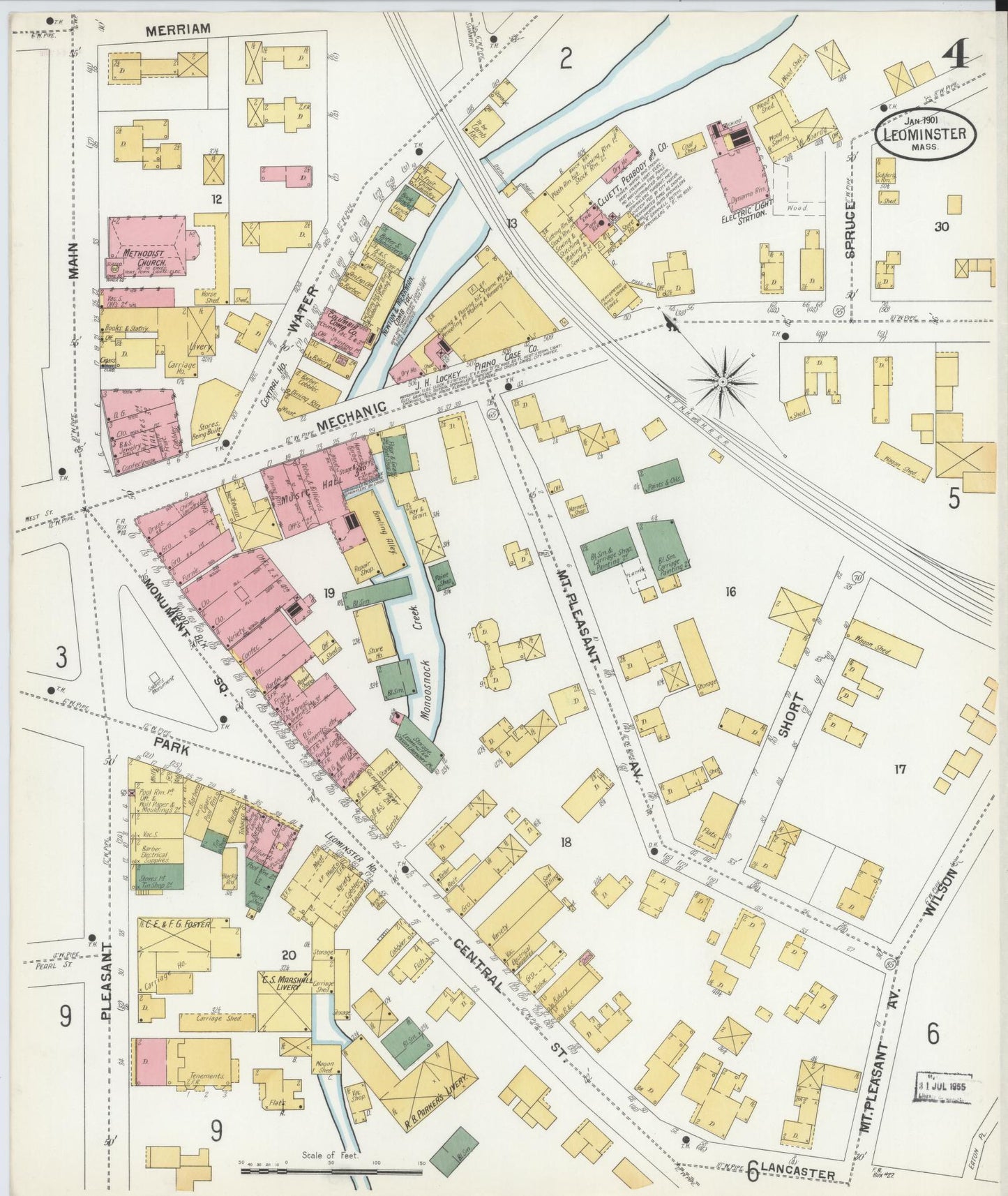 Sanborn Fire Insurance Map from Leominster, Worcester County, Massachusetts (1901), Sheet #0004 - Historic Sanborn Fire Insurance Map Print, vintage old map wall art, antique decor, genealogy gift, Massachusetts Massachusetts map