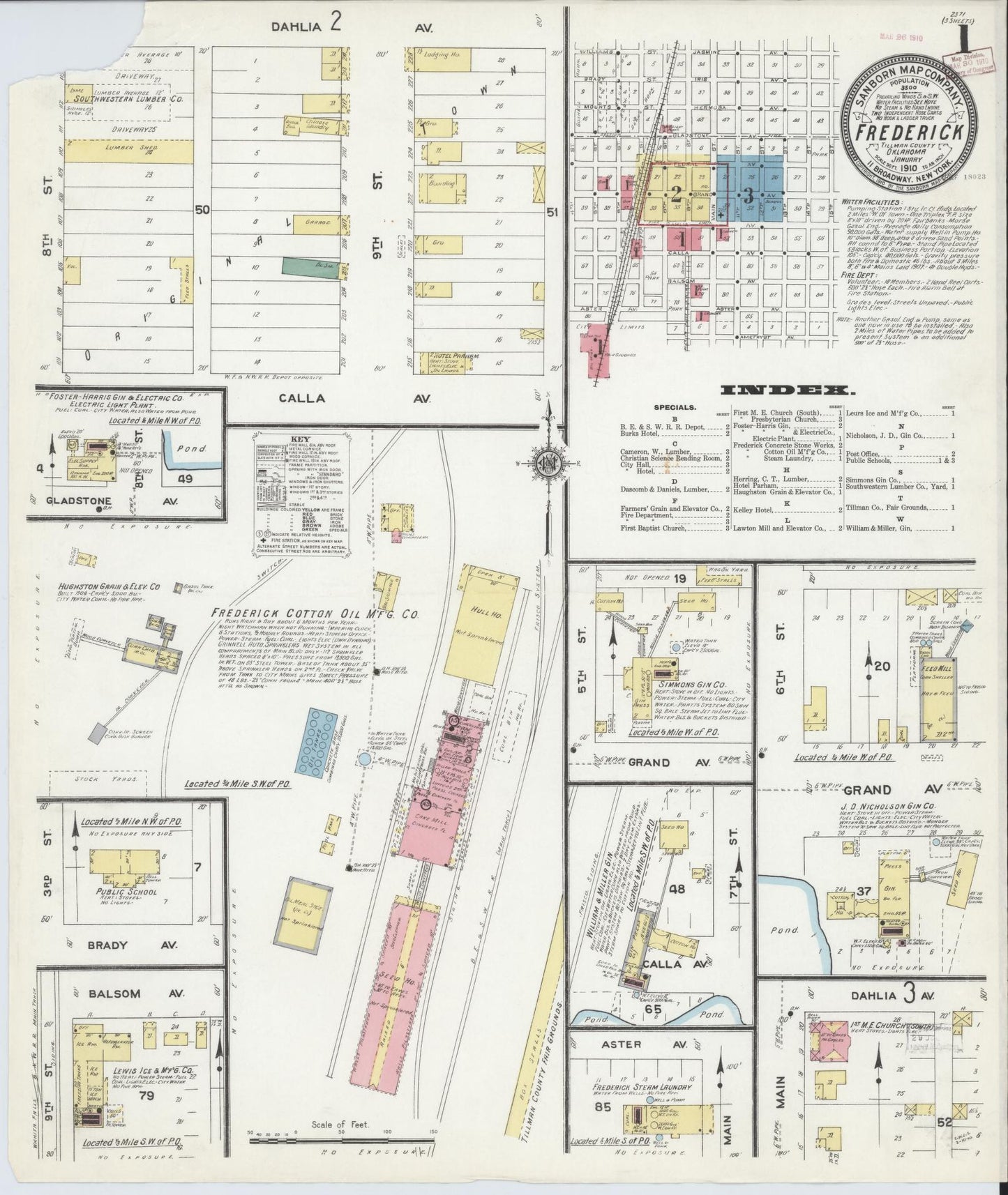Sanborn Fire Insurance Map from Frederick, Tillman County, Oklahoma (1910), Sheet #0001 - Historic Sanborn Fire Insurance Map Print, vintage old map wall art, antique decor, genealogy gift, Oklahoma Oklahoma map