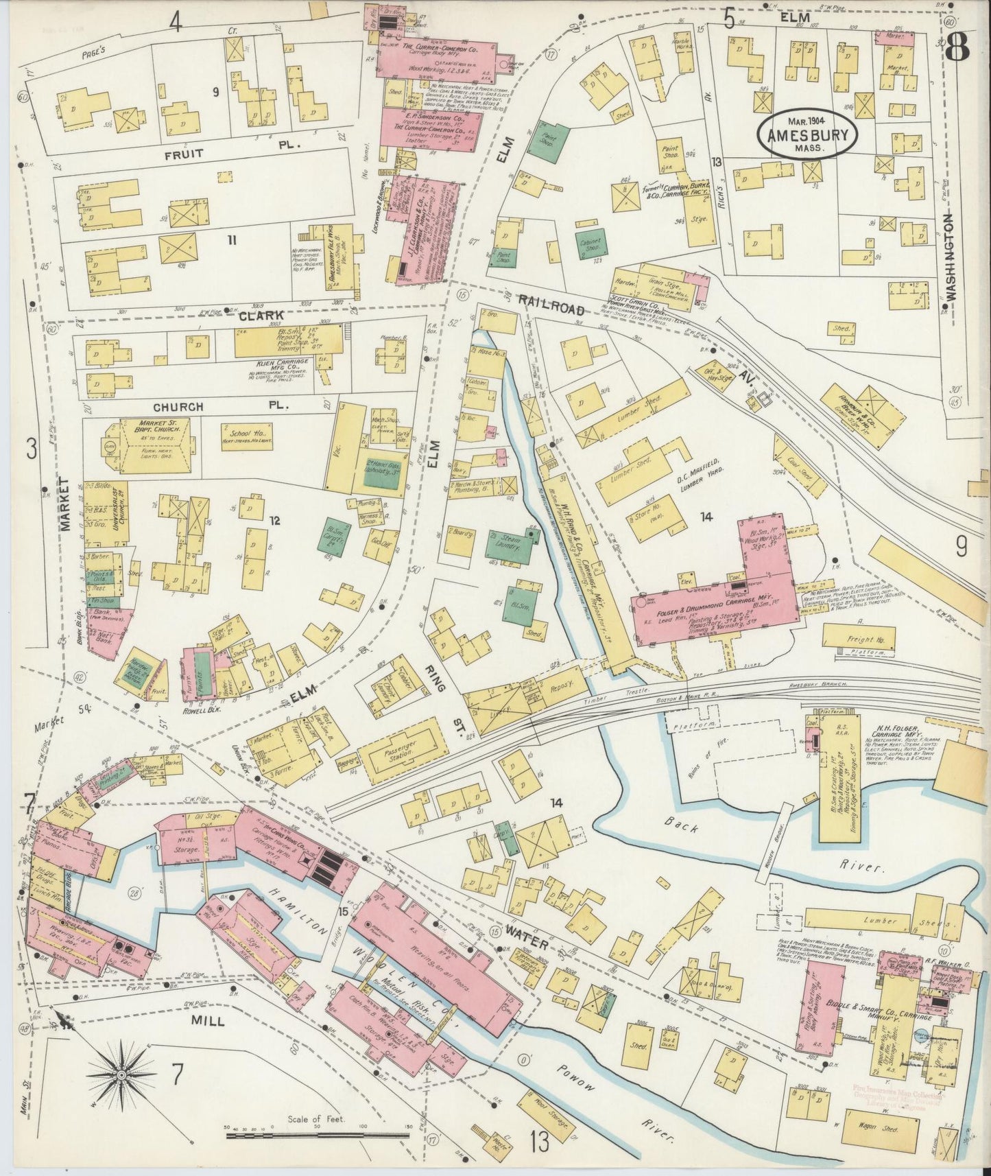 Sanborn Fire Insurance Map from Amesbury, Essex County, Massachusetts (1904), Sheet #0008 - Historic Sanborn Fire Insurance Map Print, vintage old map wall art, antique decor, genealogy gift, Massachusetts Massachusetts map