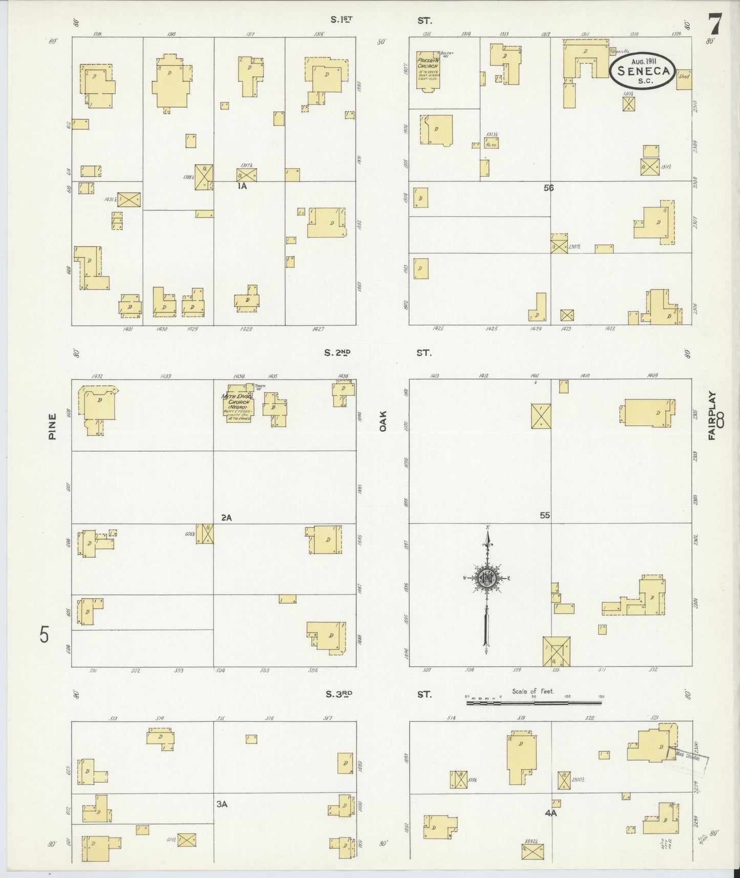 Sanborn Fire Insurance Map from Seneca, Oconee County, South Carolina (1911), Sheet #0007 - Historic Sanborn Fire Insurance Map Print, vintage old map wall art, antique decor, genealogy gift, South Carolina South Carolina map