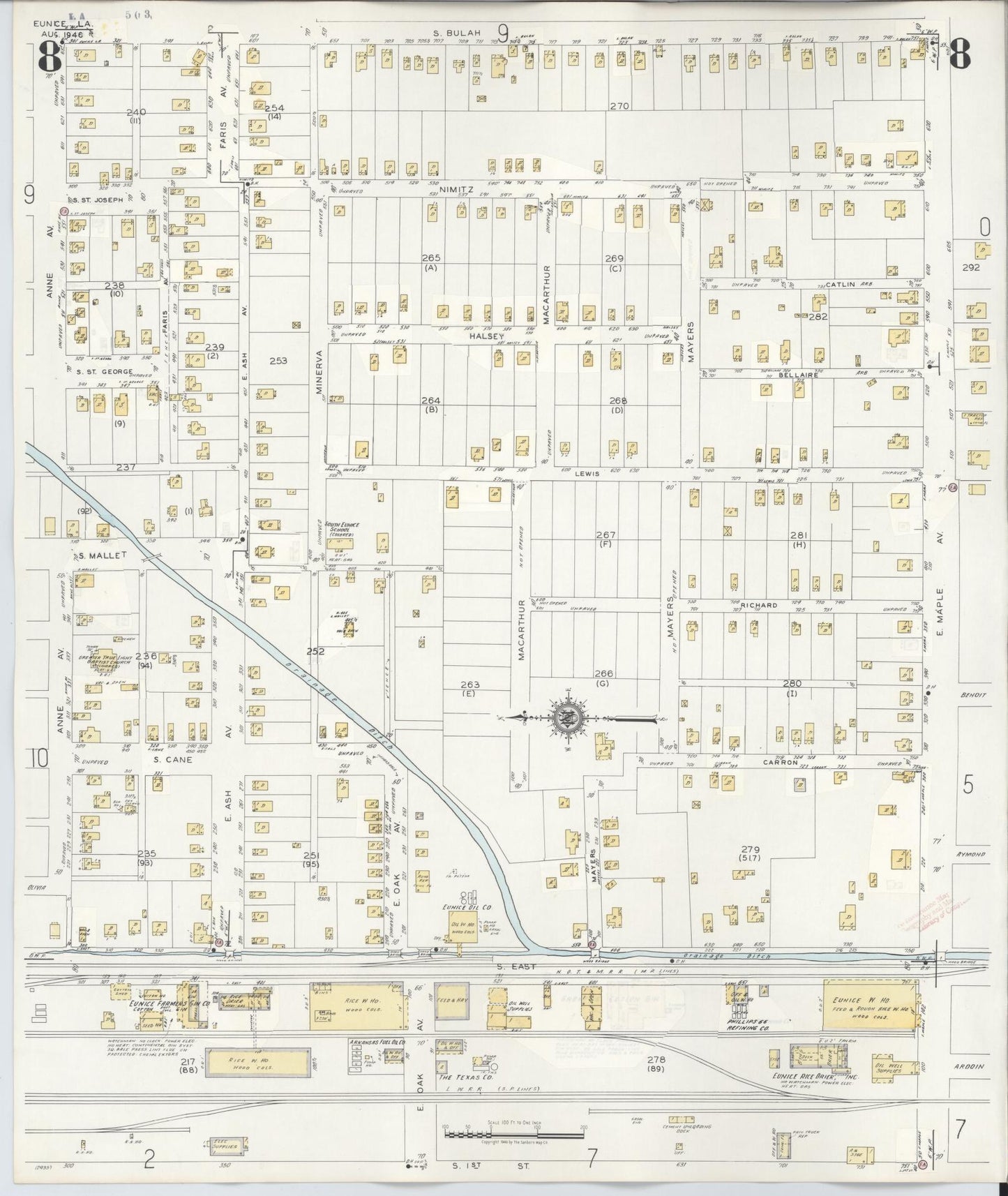 Sanborn Fire Insurance Map from Eunice, Saint Landry Parish, Louisiana (1950), Sheet #0008 - Historic Sanborn Fire Insurance Map Print, vintage old map wall art, antique decor, genealogy gift, Louisiana Louisiana map
