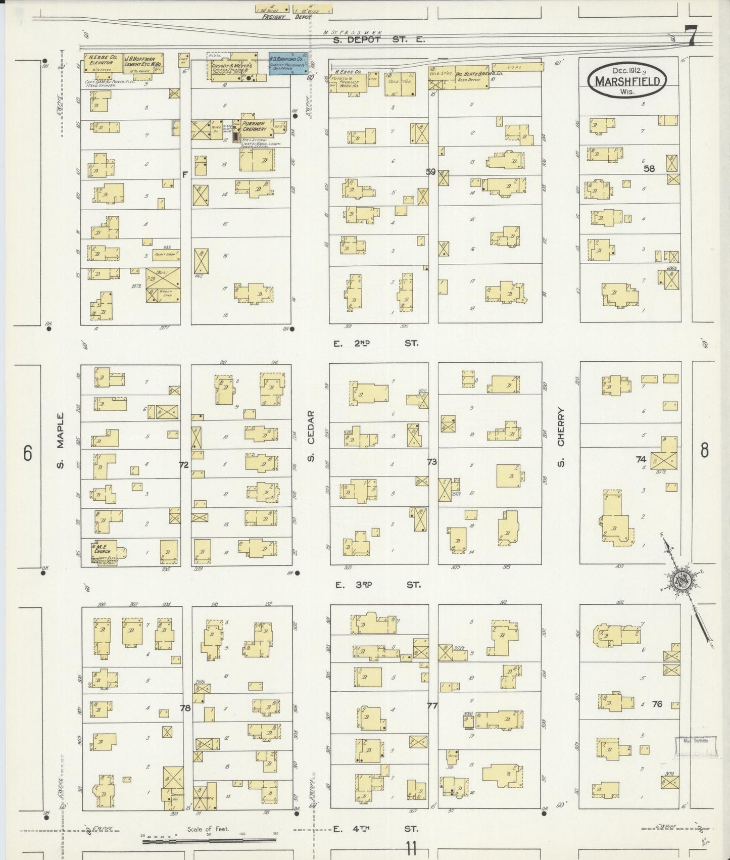 Sanborn Fire Insurance Map from Marshfield, Wood County, Wisconsin (1912), Sheet #0007 - Historic Sanborn Fire Insurance Map Print, vintage old map wall art, antique decor, genealogy gift, Wisconsin Wisconsin map