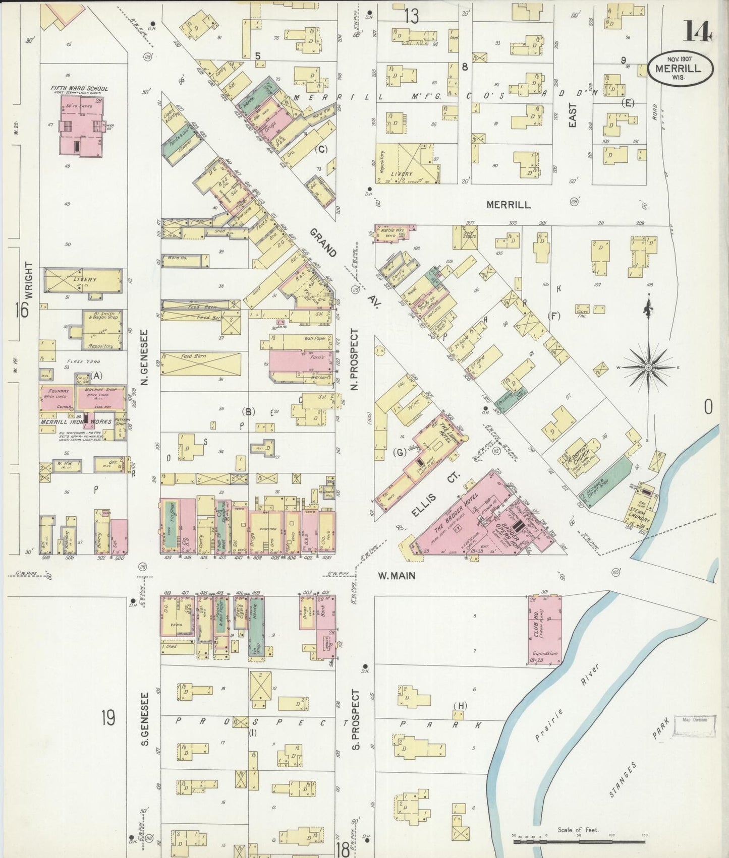 Sanborn Fire Insurance Map from Merrill, Lincoln County, Wisconsin (1907), Sheet #0014 - Historic Sanborn Fire Insurance Map Print, vintage old map wall art, antique decor, genealogy gift, Wisconsin Wisconsin map