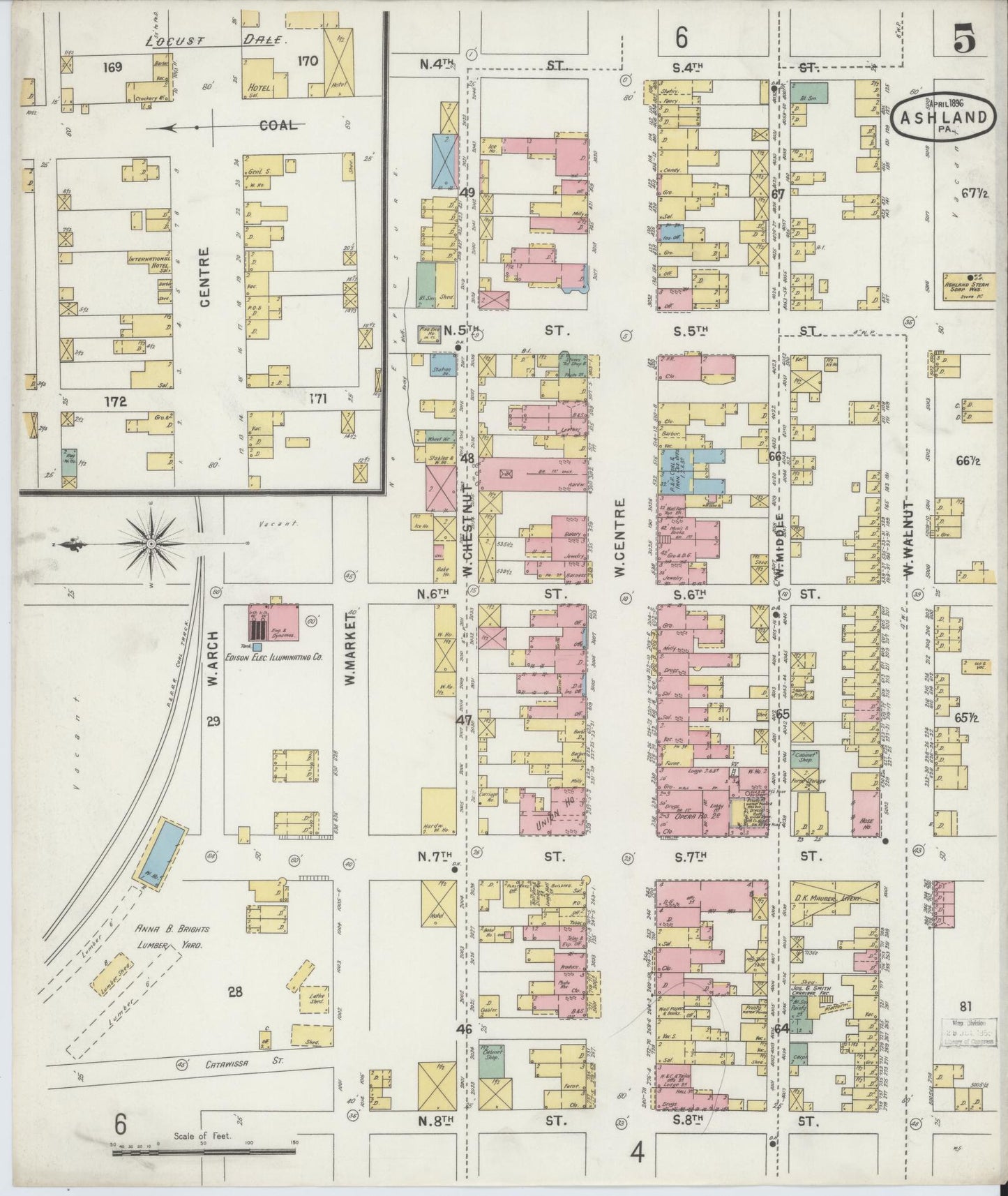 Sanborn Fire Insurance Map from Ashland, Schuylkill County, Pennsylvania (1896), Sheet #0005 - Historic Sanborn Fire Insurance Map Print, vintage old map wall art, antique decor, genealogy gift, Pennsylvania Pennsylvania map