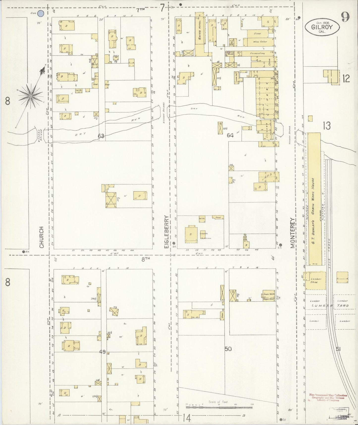 Sanborn Fire Insurance Map from Gilroy, Santa Clara County, California (1906), Sheet #0009 - Historic Sanborn Fire Insurance Map Print, vintage old map wall art, antique decor, genealogy gift, California California map