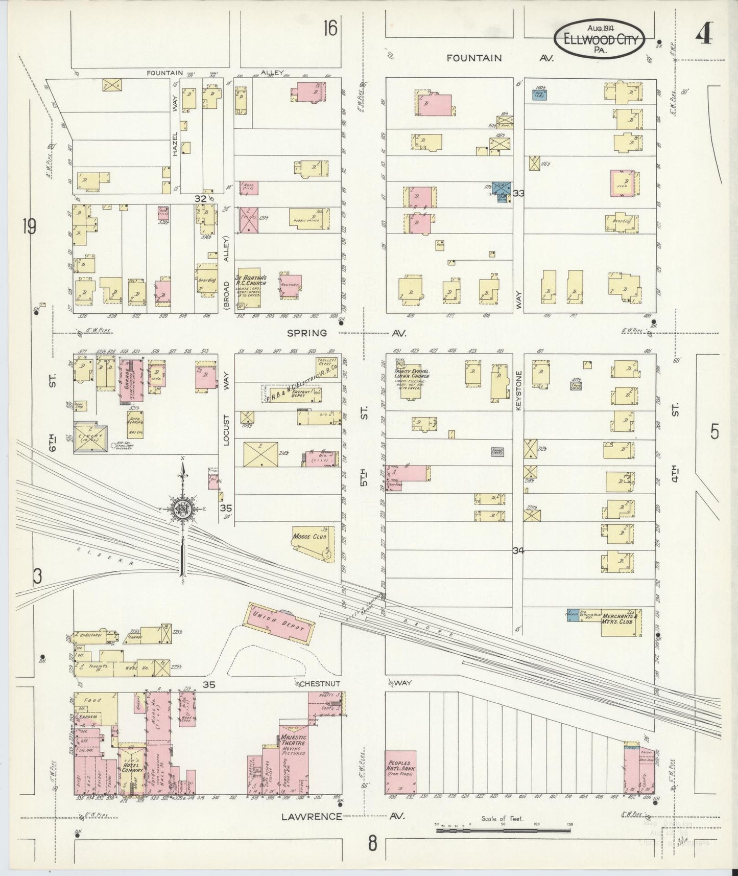 Sanborn Fire Insurance Map from Ellwood City, Lawrence County, Pennsylvania (1914), Sheet #0004 - Historic Sanborn Fire Insurance Map Print, vintage old map wall art, antique decor, genealogy gift, Pennsylvania Pennsylvania map
