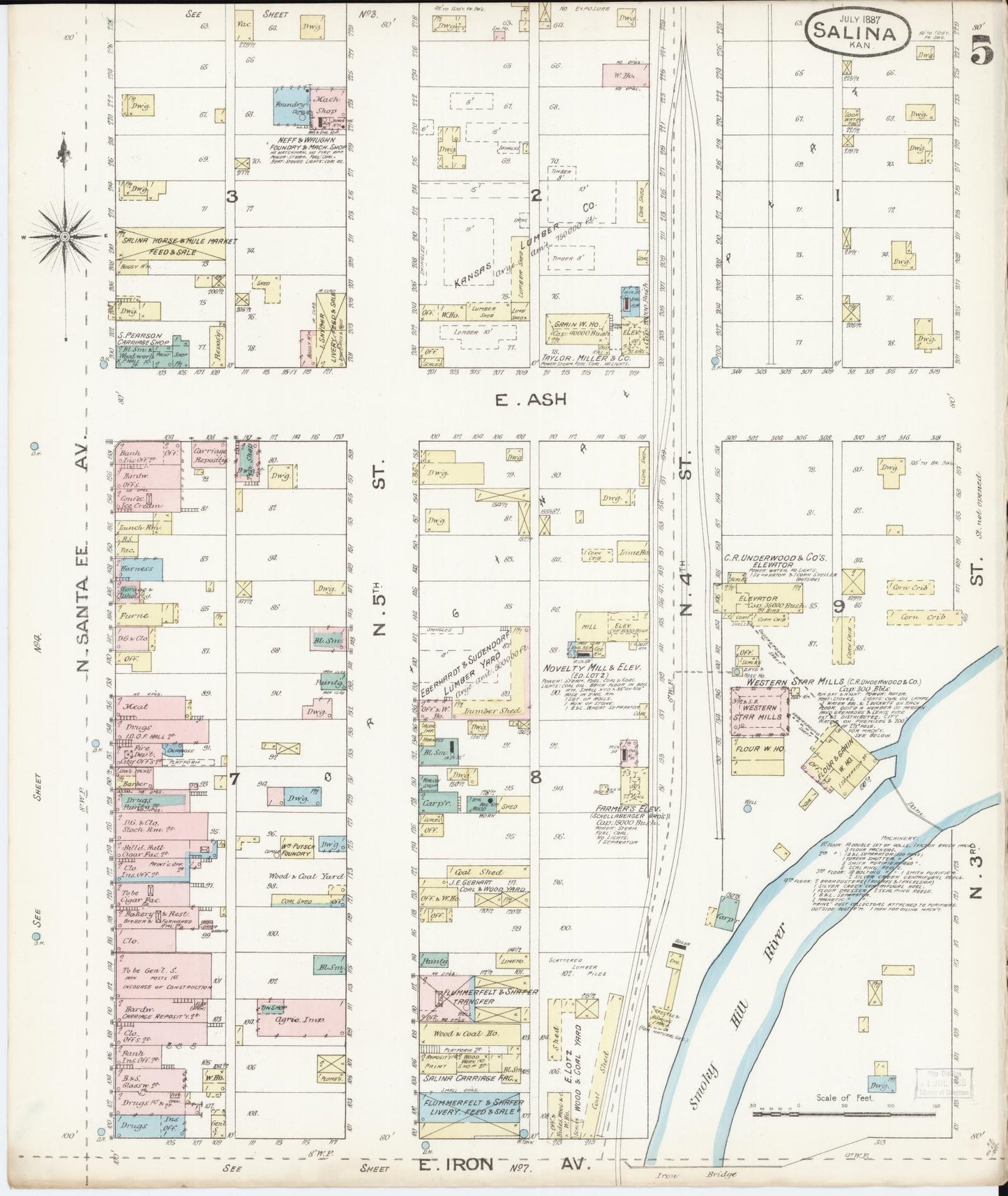 Sanborn Fire Insurance Map from Salina, Saline County, Kansas (1887), Sheet #0005 - Historic Sanborn Fire Insurance Map Print, vintage old map wall art, antique decor, genealogy gift, Kansas Kansas map