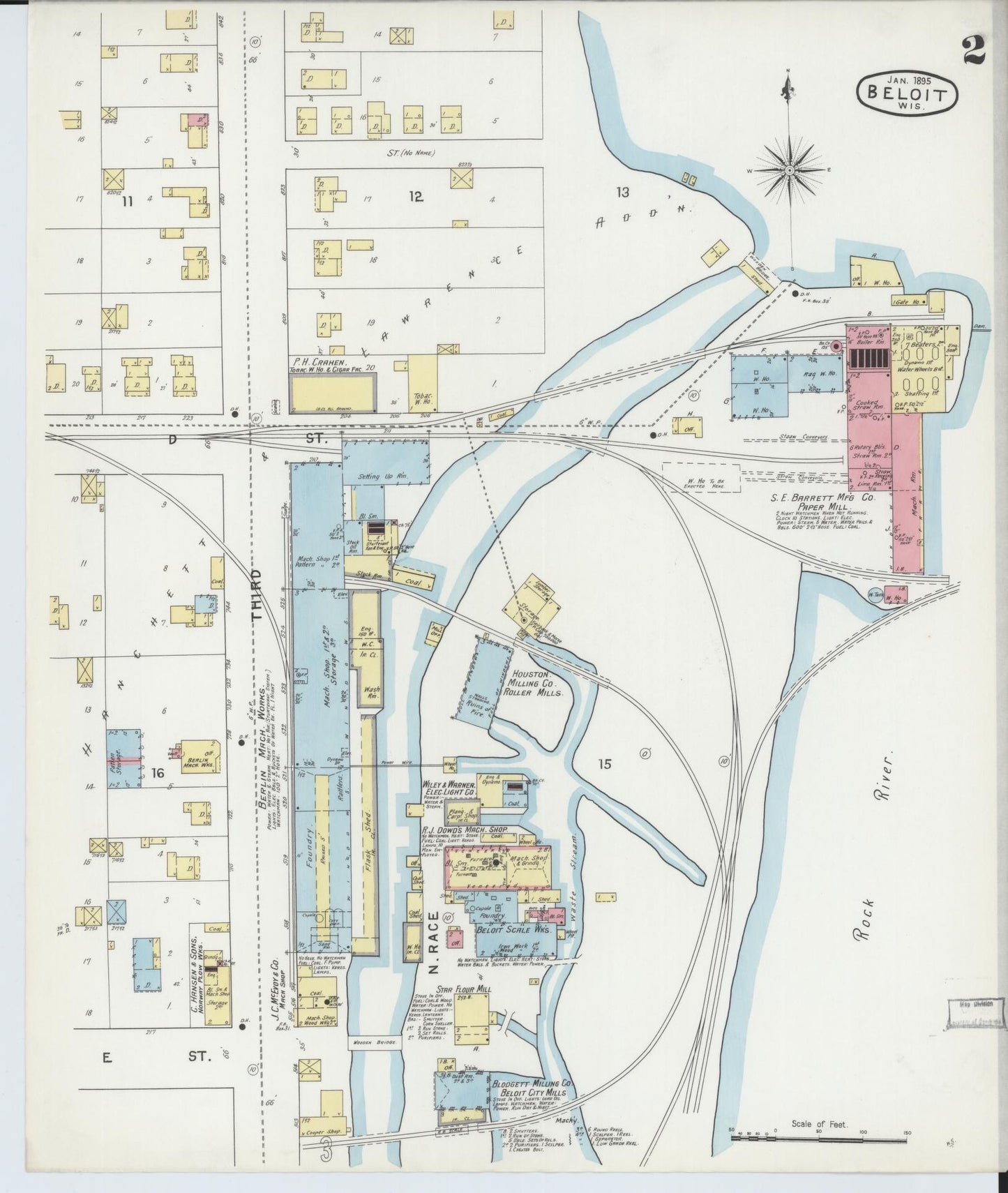 Sanborn Fire Insurance Map from Beloit, Rock County, Wisconsin (1895), Sheet #0002 - Historic Sanborn Fire Insurance Map Print, vintage old map wall art, antique decor, genealogy gift, Wisconsin Wisconsin map