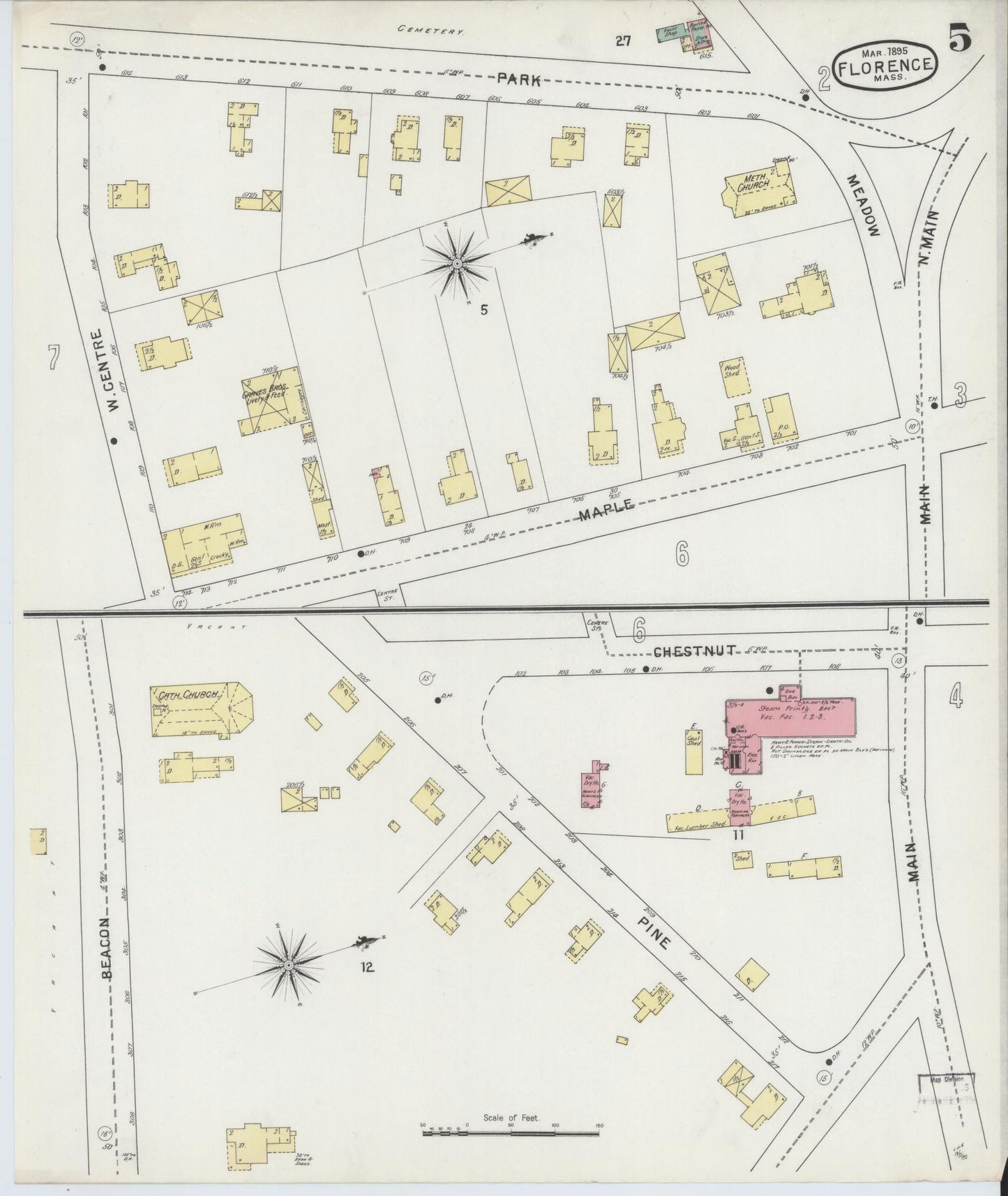 Sanborn Fire Insurance Map from Florence, Hampshire County, Massachusetts (1895), Sheet #0005 - Historic Sanborn Fire Insurance Map Print, vintage old map wall art, antique decor, genealogy gift, Massachusetts Massachusetts map