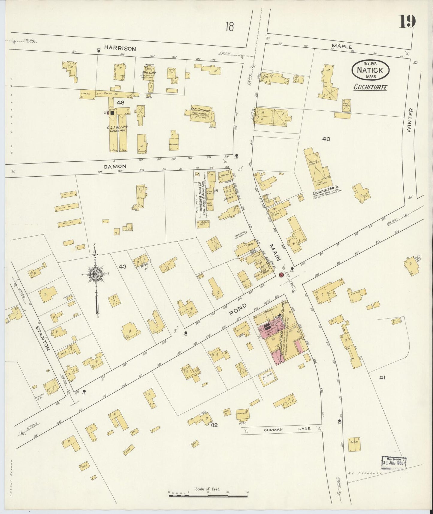 Sanborn Fire Insurance Map from Natick, Middlesex County, Massachusetts (1915), Sheet #0019 - Historic Sanborn Fire Insurance Map Print, vintage old map wall art, antique decor, genealogy gift, Massachusetts Massachusetts map