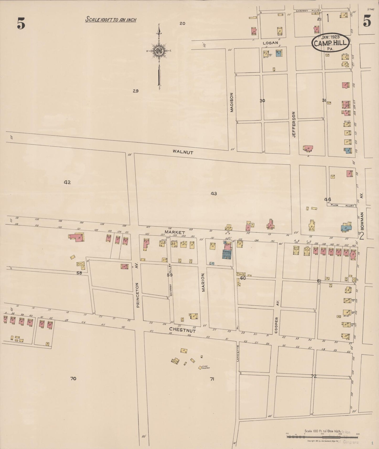 Sanborn Fire Insurance Map from Camp Hill, Cumberland County, Pennsylvania (1923), Sheet #0005 - Historic Sanborn Fire Insurance Map Print, vintage old map wall art, antique decor, genealogy gift, Pennsylvania Pennsylvania map