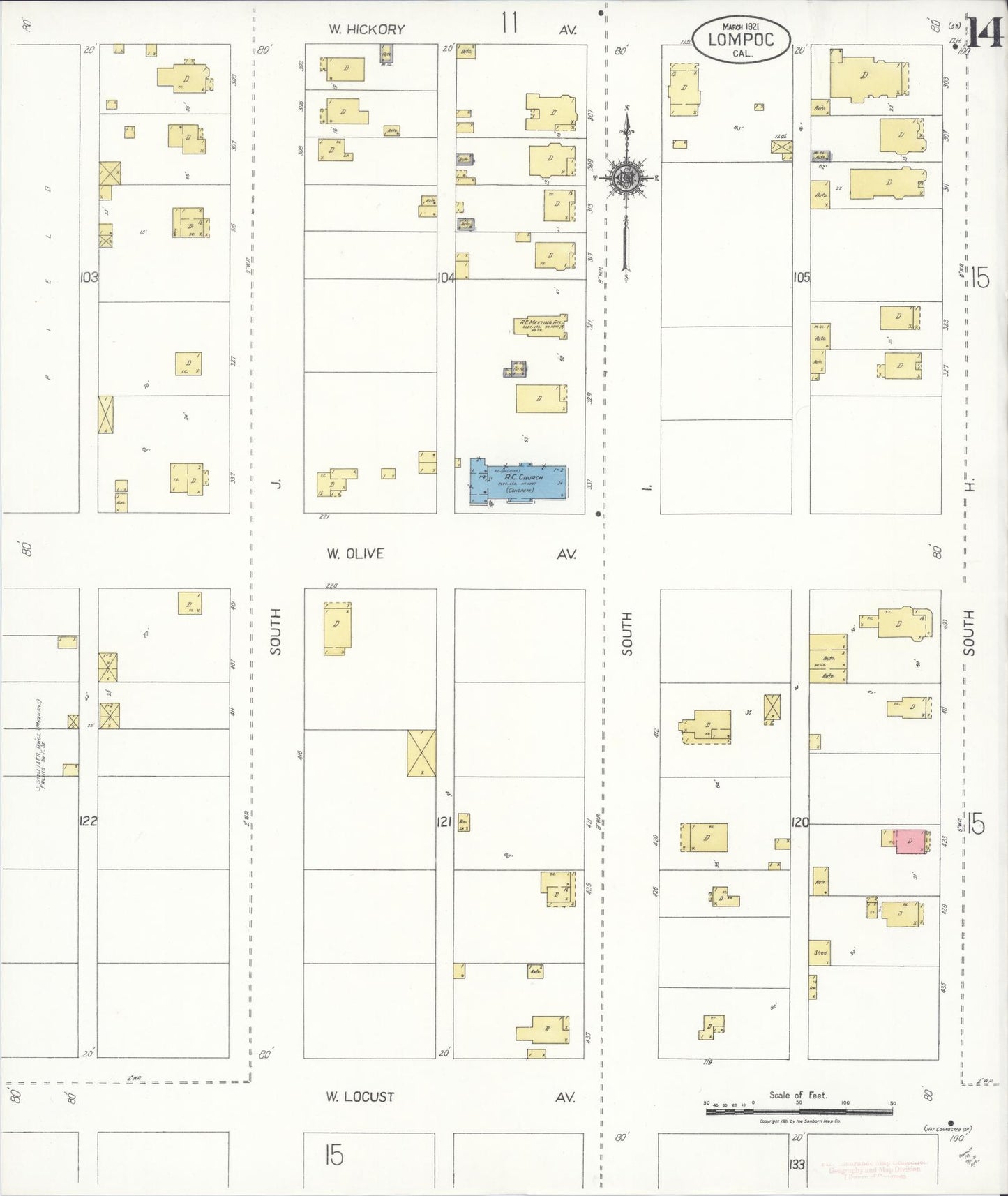 Sanborn Fire Insurance Map from Lompoc, Santa Barbara County, California (1921), Sheet #0014 - Historic Sanborn Fire Insurance Map Print, vintage old map wall art, antique decor, genealogy gift, California California map