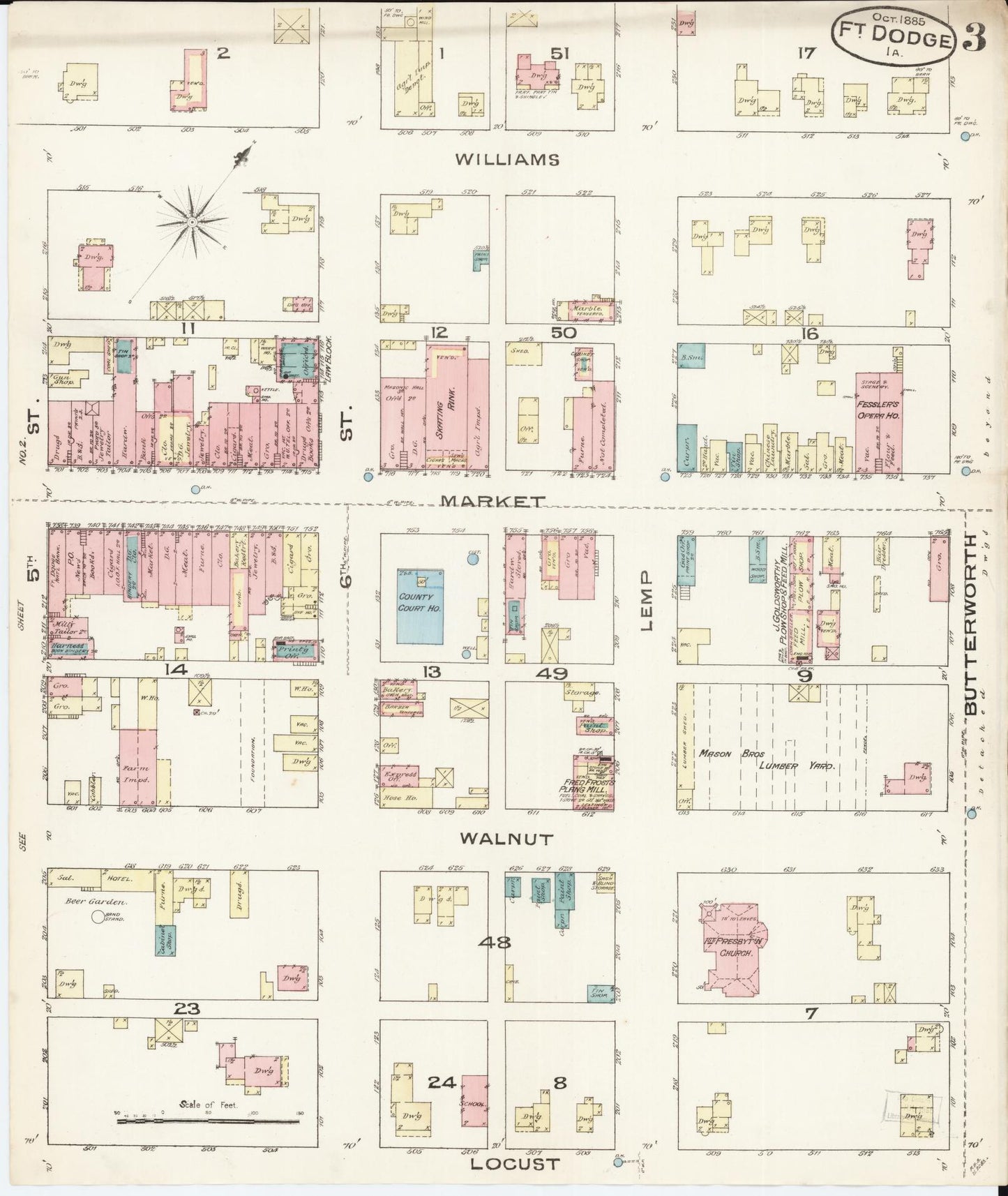 Sanborn Fire Insurance Map from Fort Dodge, Webster County, Iowa (1885), Sheet #0003 - Historic Sanborn Fire Insurance Map Print, vintage old map wall art