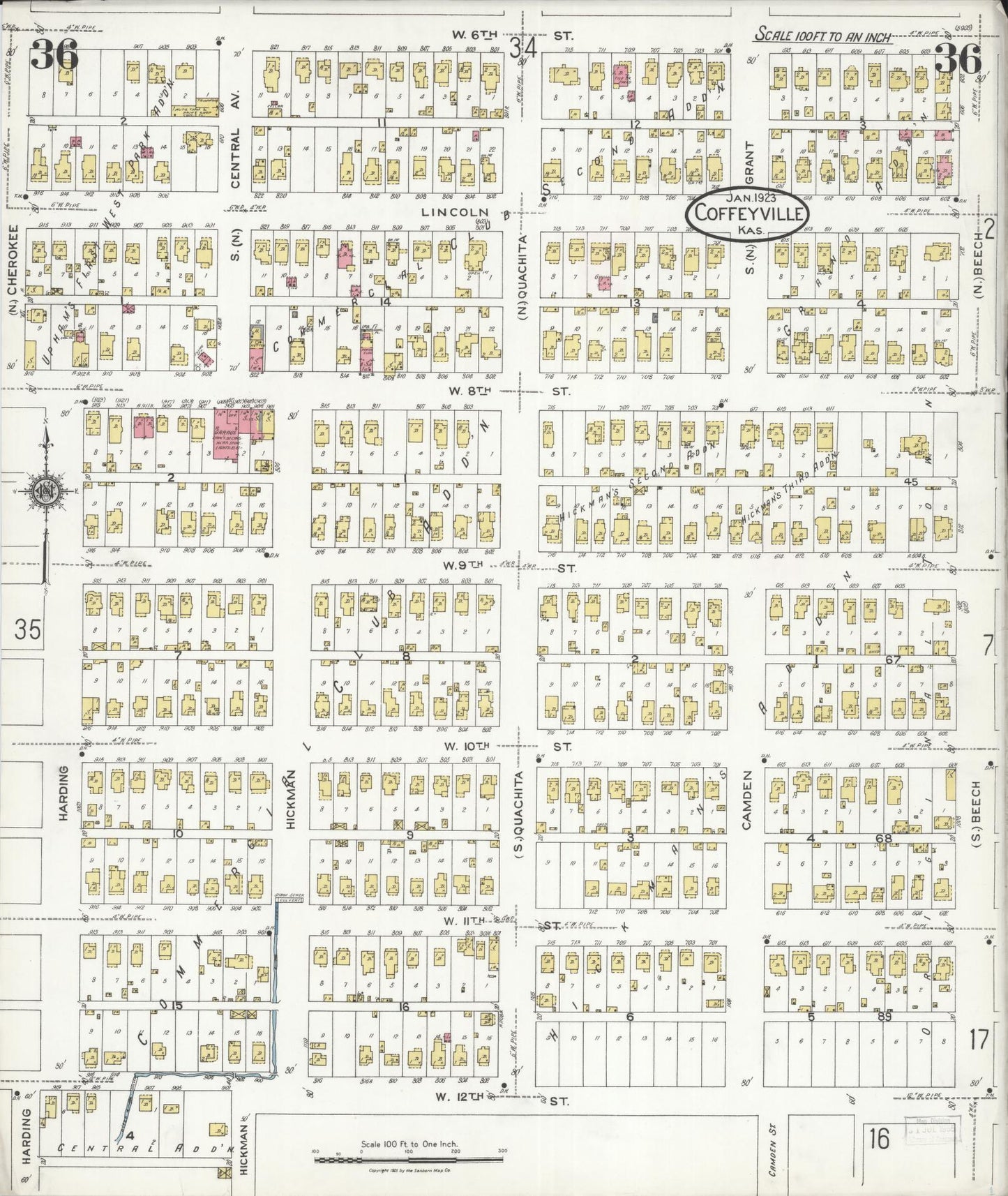 Sanborn Fire Insurance Map from Coffeyville, Montgomery County, Kansas (1923), Sheet #0036 - Historic Sanborn Fire Insurance Map Print, vintage old map wall art, antique decor, genealogy gift, Kansas Kansas map