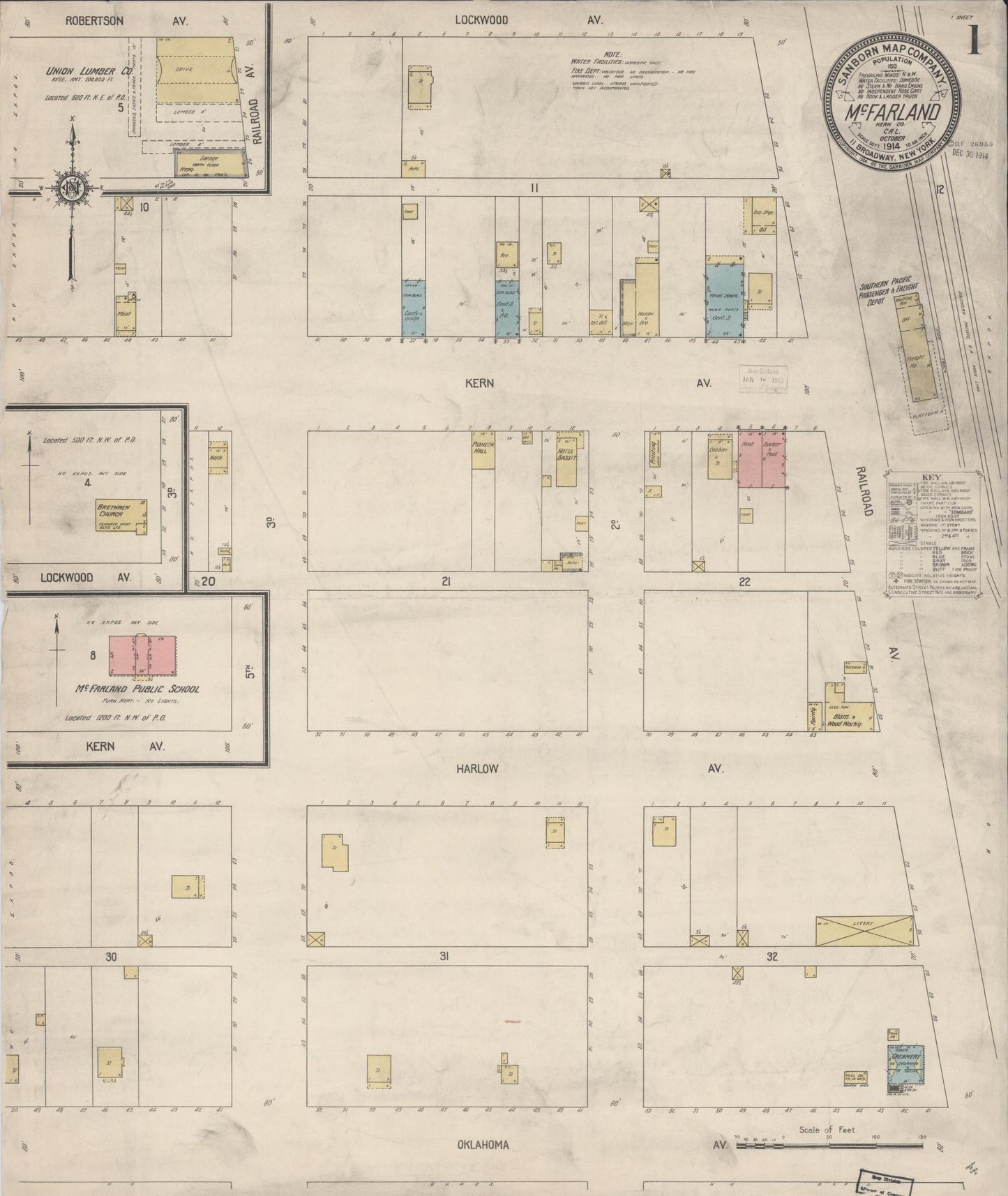 Sanborn Fire Insurance Map from Mcfarland, Kern County, California (1914), Sheet #0001 - Historic Sanborn Fire Insurance Map Print, vintage old map wall art, antique decor, genealogy gift, California California map