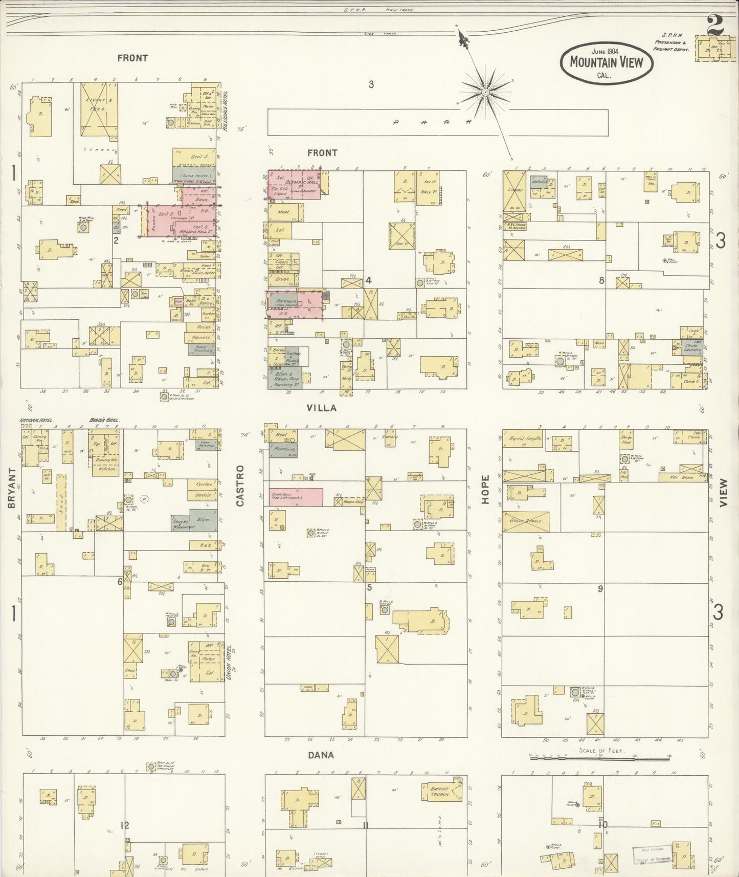 Sanborn Fire Insurance Map from Mountain View, Santa Clara County, California (1904), Sheet #0002 - Historic Sanborn Fire Insurance Map Print, vintage old map wall art, antique decor, genealogy gift, California California map