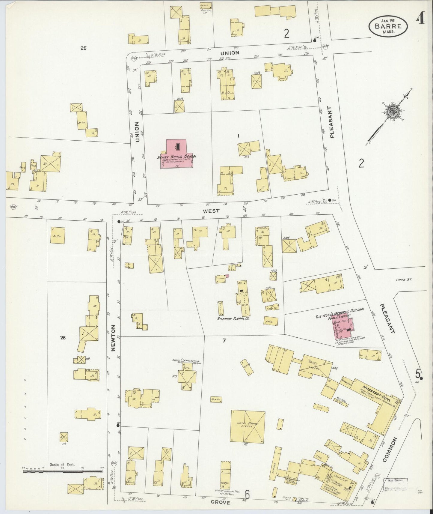Sanborn Fire Insurance Map from Barre, Worcester County, Massachusetts (1911), Sheet #0004 - Historic Sanborn Fire Insurance Map Print, vintage old map wall art, antique decor, genealogy gift, Massachusetts Massachusetts map