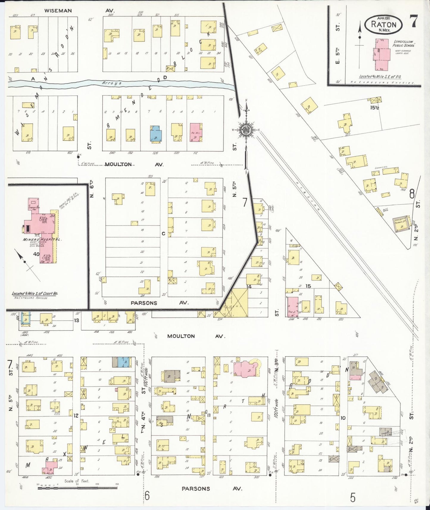 Sanborn Fire Insurance Map from Raton, Colfax County, New Mexico (1911), Sheet #0007 - Historic Sanborn Fire Insurance Map Print, vintage old map wall art, antique decor, genealogy gift, New Mexico New Mexico map