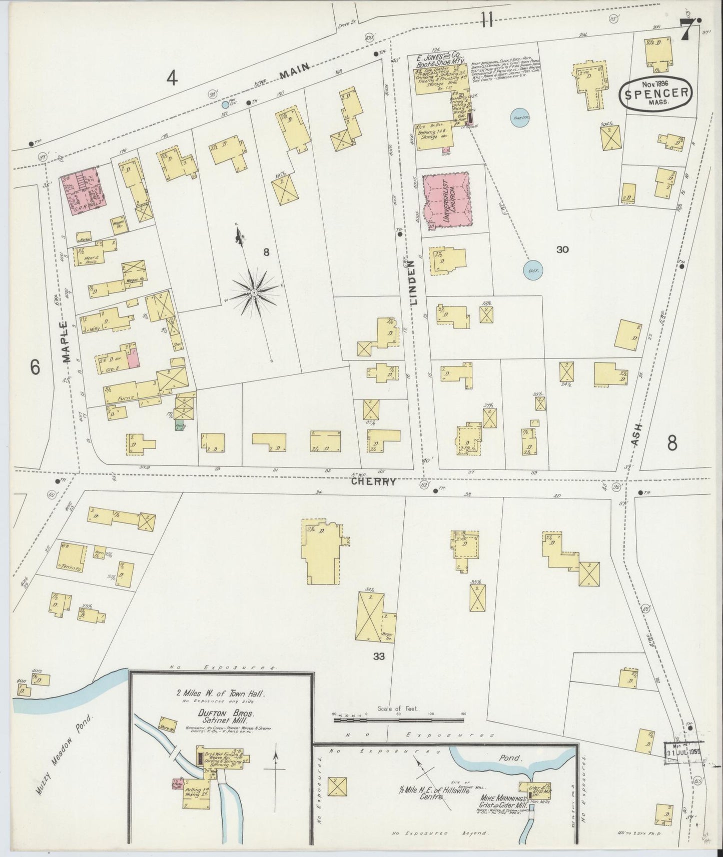 Sanborn Fire Insurance Map from Spencer, Worcester County, Massachusetts (1896), Sheet #0007 - Historic Sanborn Fire Insurance Map Print, vintage old map wall art, antique decor, genealogy gift, Massachusetts Massachusetts map