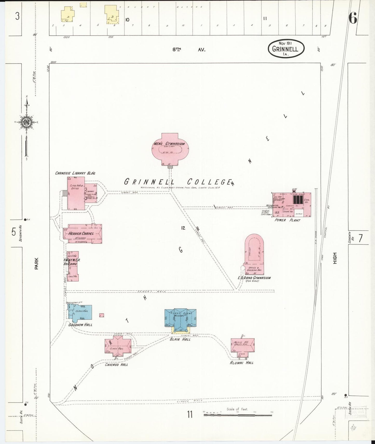 Sanborn Fire Insurance Map from Grinnell, Poweshiek County, Iowa (1911), Sheet #0006 - Historic Sanborn Fire Insurance Map Print, vintage old map wall art
