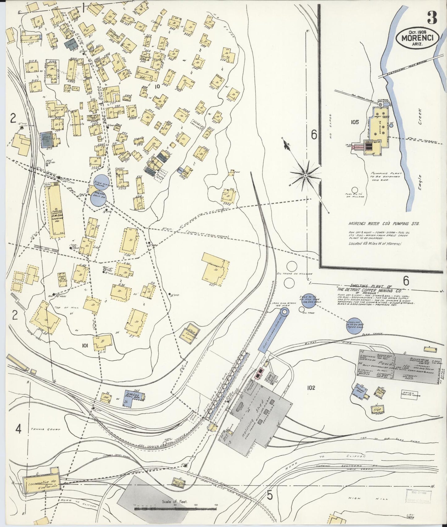 Sanborn Fire Insurance Map from Morenci, Greenlee County, Arizona (1908), Sheet #0003 - Historic Sanborn Fire Insurance Map Print, vintage old map wall art, antique decor, genealogy gift, Arizona Arizona map