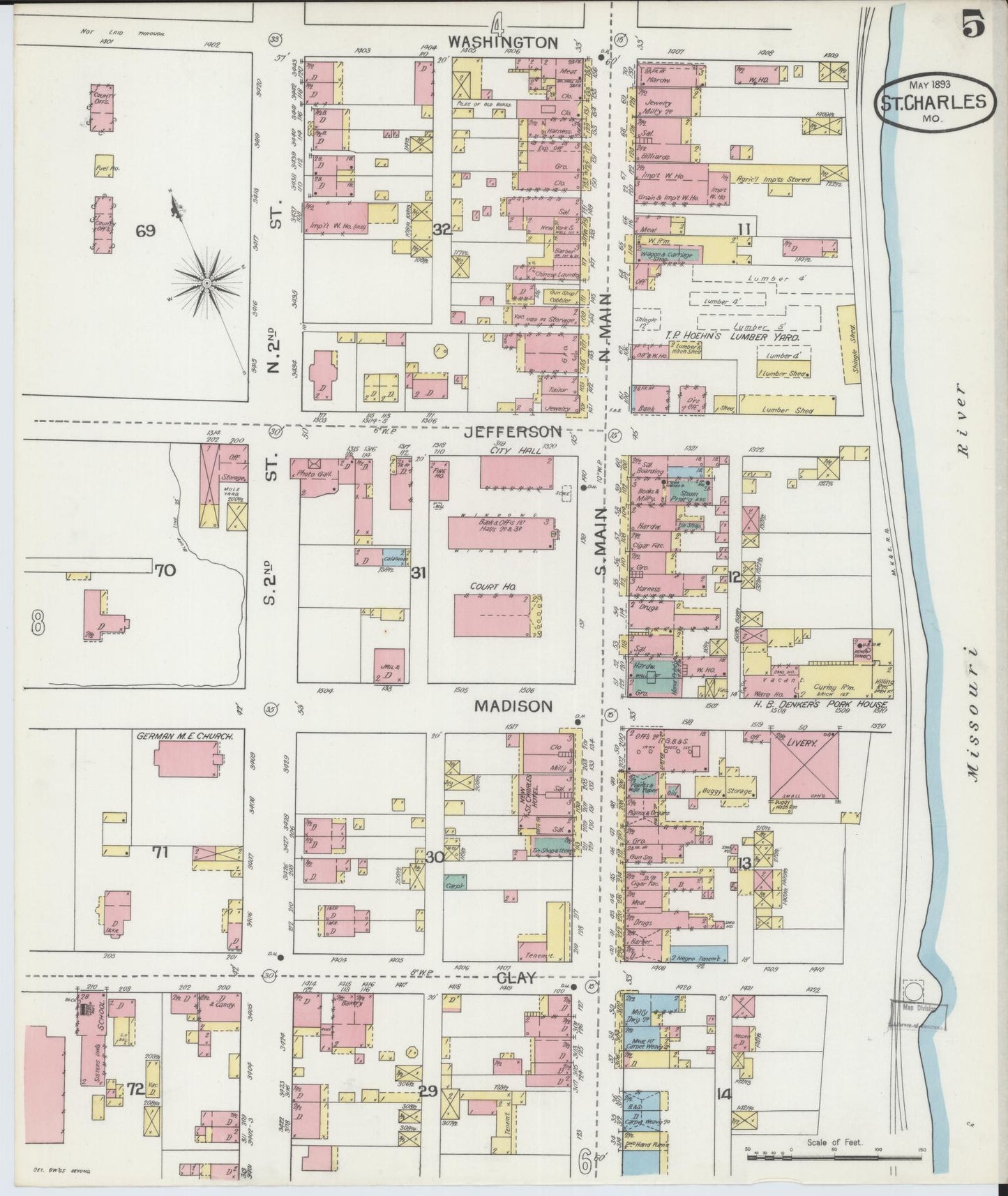 Sanborn Fire Insurance Map from Saint Charles, Saint Charles County, Missouri (1893), Sheet #0005 - Historic Sanborn Fire Insurance Map Print, vintage old map wall art, antique decor, genealogy gift, Missouri Missouri map