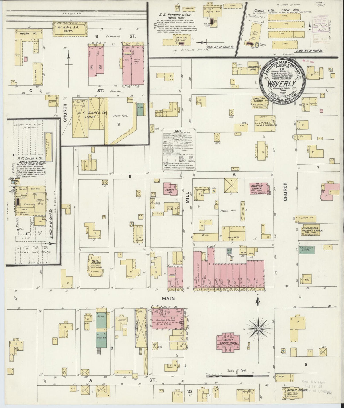 Sanborn Fire Insurance Map from Waverly, Humphreys County, Tennessee (1907), Sheet #0001 - Historic Sanborn Fire Insurance Map Print, vintage old map wall art, antique decor, genealogy gift, Tennessee Tennessee map