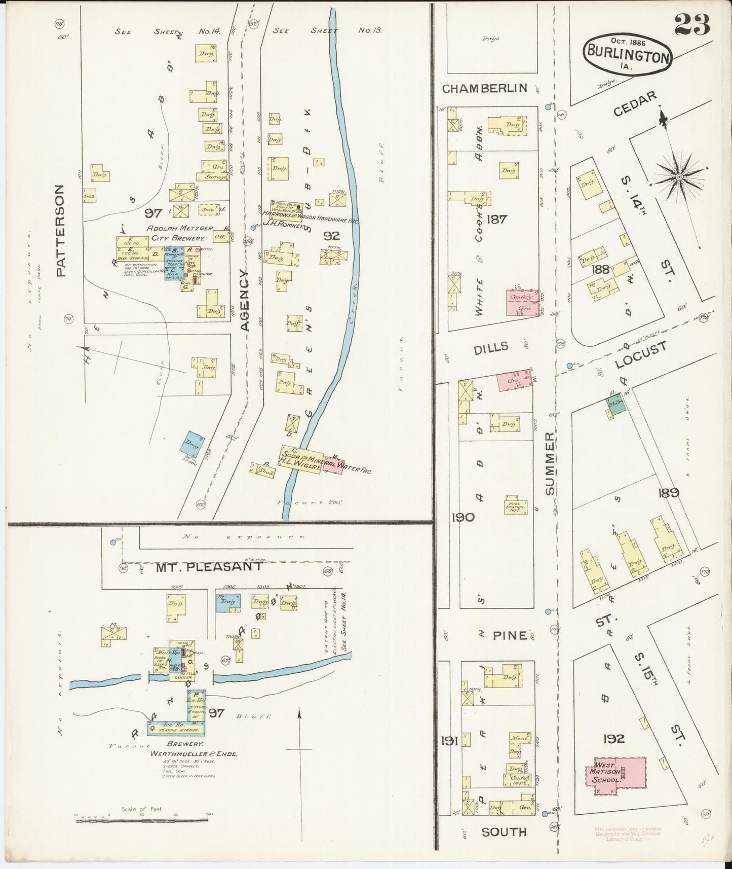 Sanborn Fire Insurance Map from Burlington, Des Moines County, Iowa (1888), Sheet #0023 - Historic Sanborn Fire Insurance Map Print, vintage old map wall art
