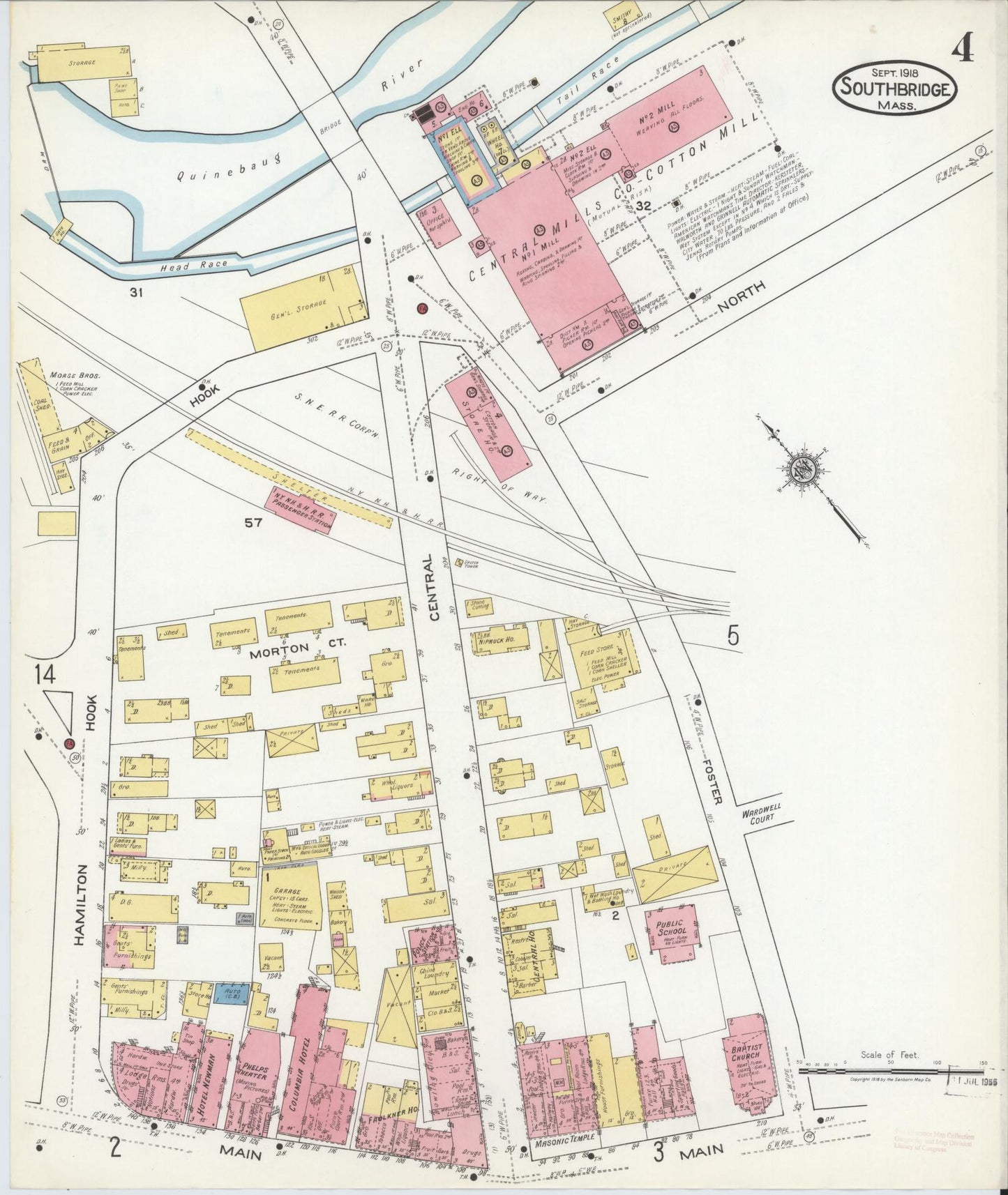Sanborn Fire Insurance Map from Southbridge, Worcester County, Massachusetts (1918), Sheet #0004 - Historic Sanborn Fire Insurance Map Print, vintage old map wall art, antique decor, genealogy gift, Massachusetts Massachusetts map